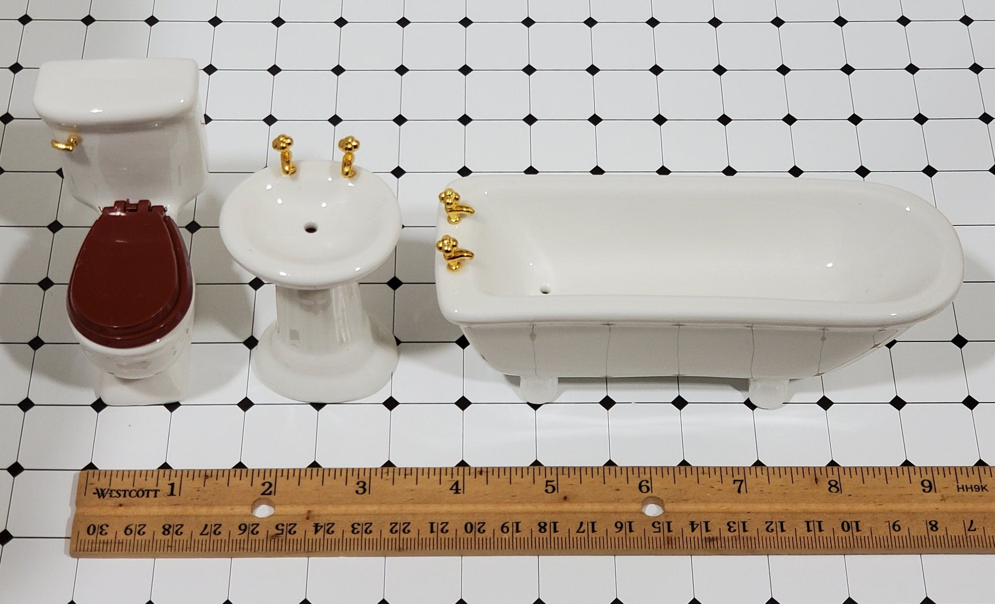 Dollhouse Bathroom Set Tub Toilet Sink All White Ceramic 3 Pieces 1:12 Scale Miniatures