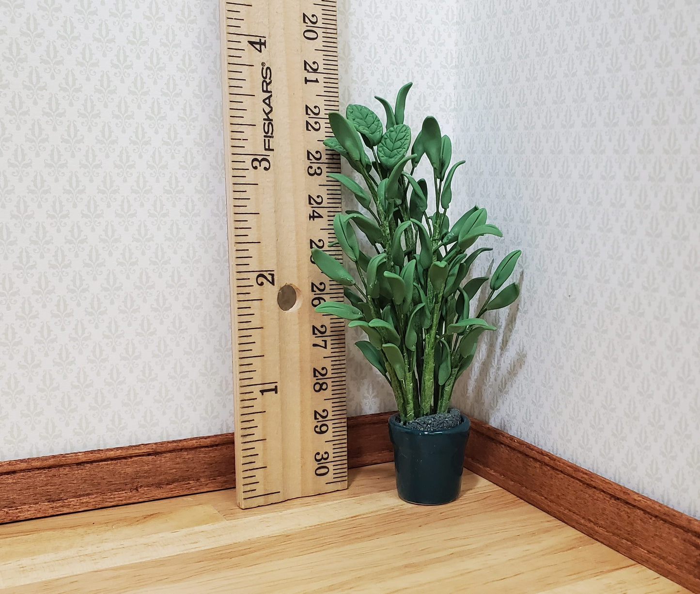 Dollhouse Tall Leafy Houseplant in Green Ceramic Planter 1:12 Scale Miniature