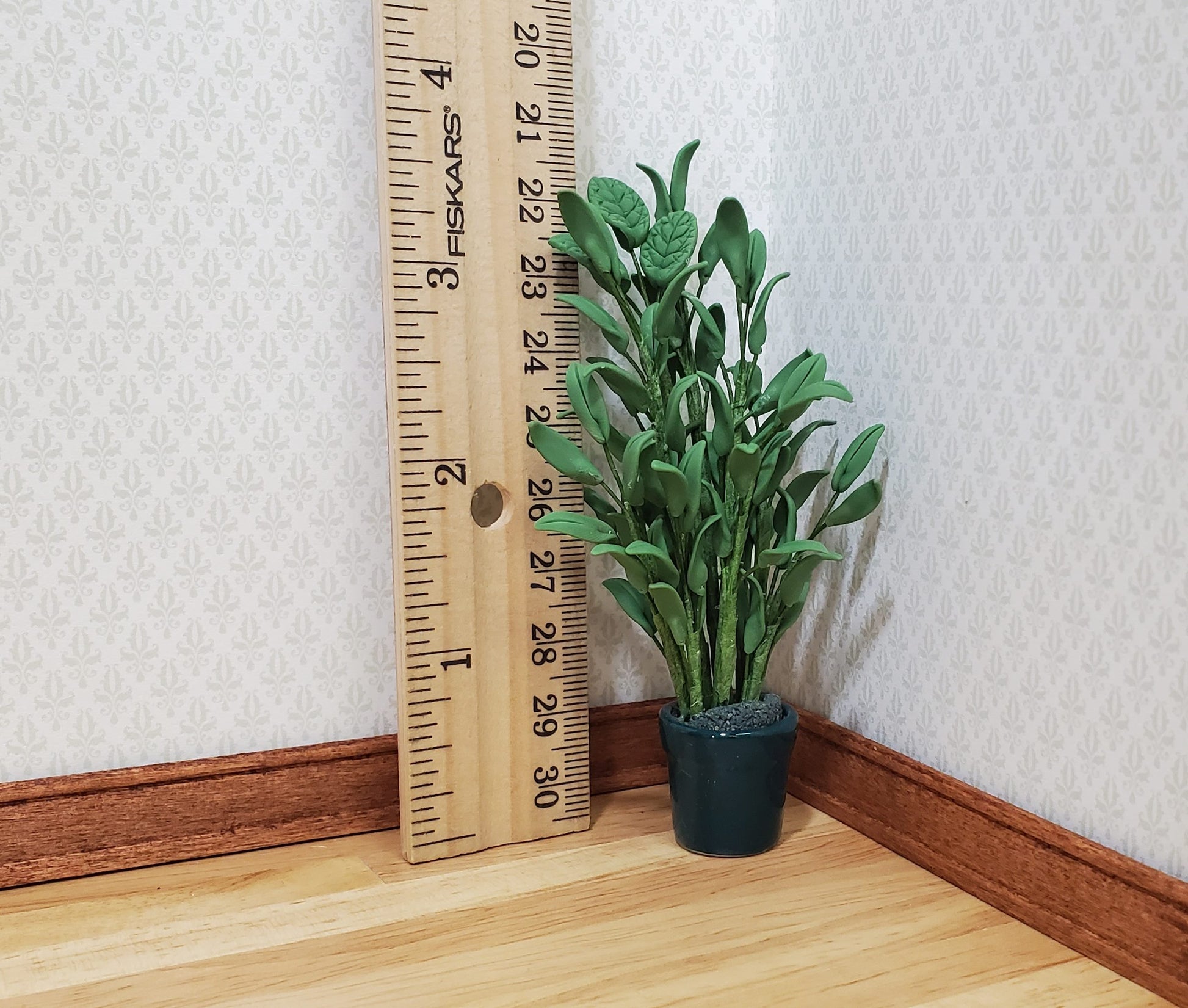 Dollhouse Tall Leafy Houseplant in Green Ceramic Planter 1:12 Scale Miniature