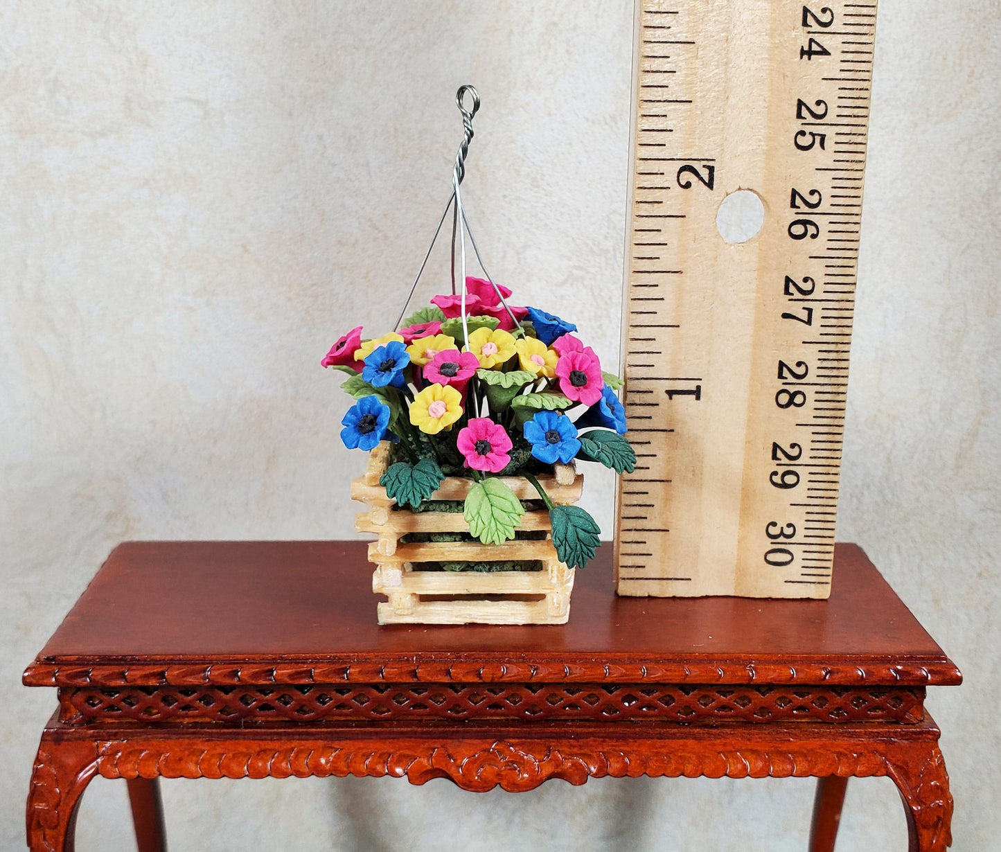Dollhouse Hanging Basket of Petunias 1:12 Scale Miniature Flowers Wood Planter
