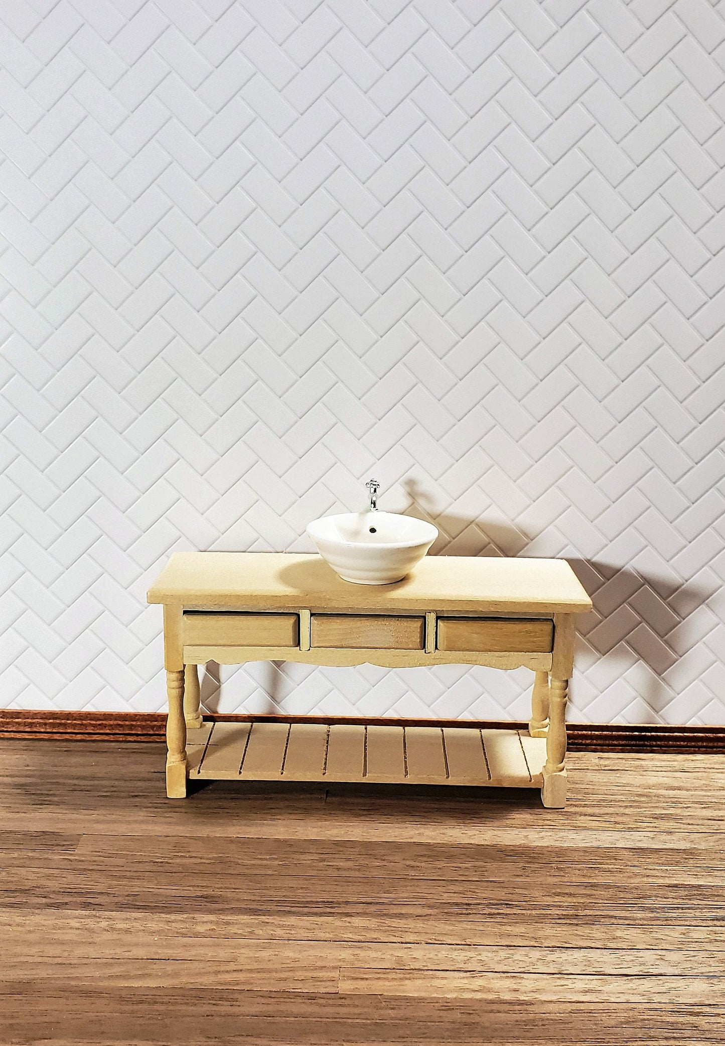 Dollhouse Subway Tile Herringbone White Embossed Glossy Card 1:12 Light Grout