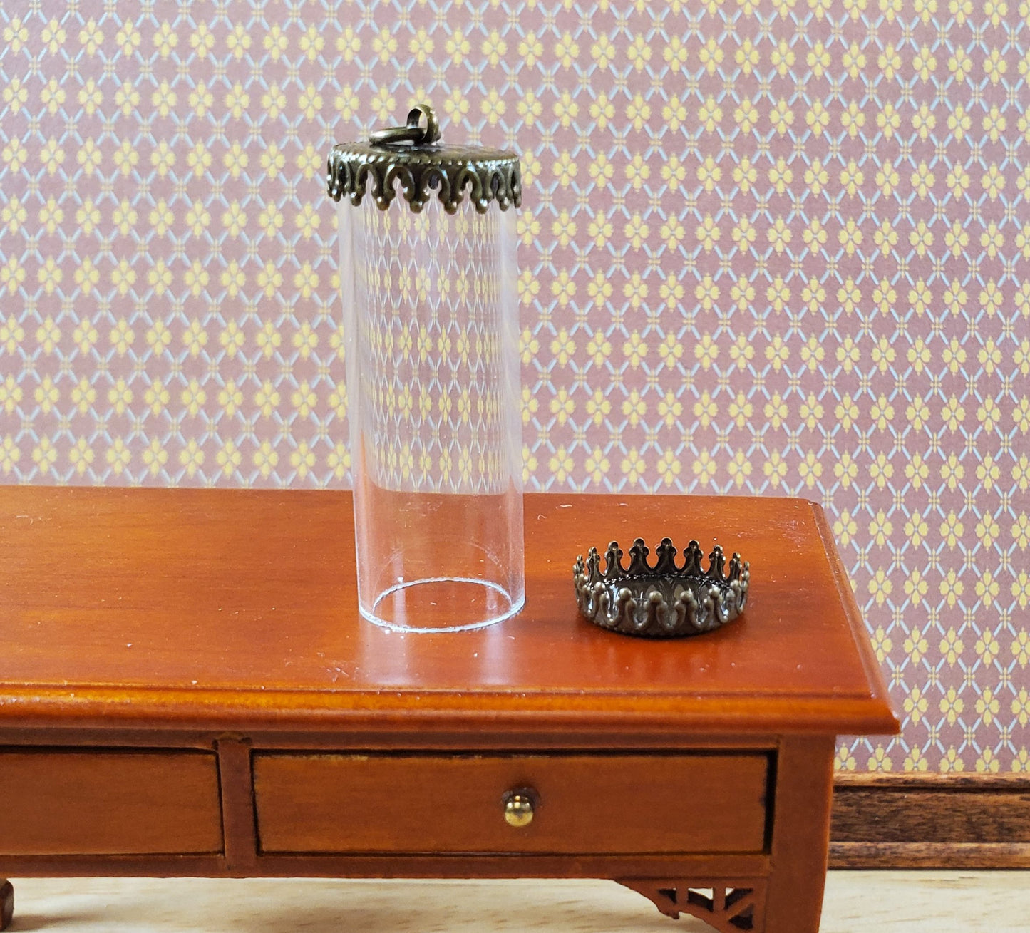 Tiny Tube Jar Glass Cover on Base Display Miniature Curiosities 1 9/16" tall 003