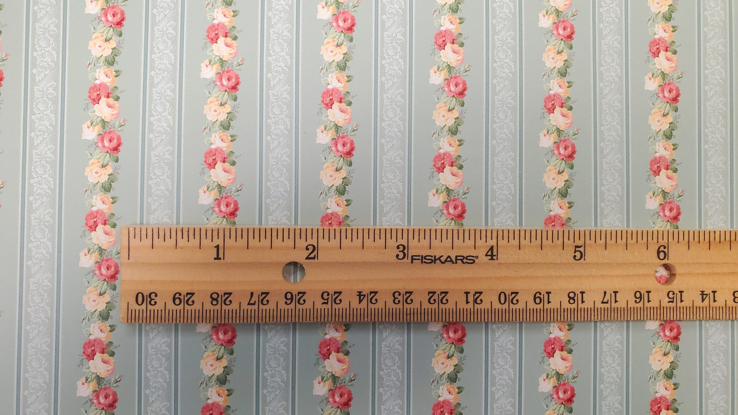 Dollhouse Wallpaper Striped Roses Sage Green Bradbury & Bradbury 1:12 Scale