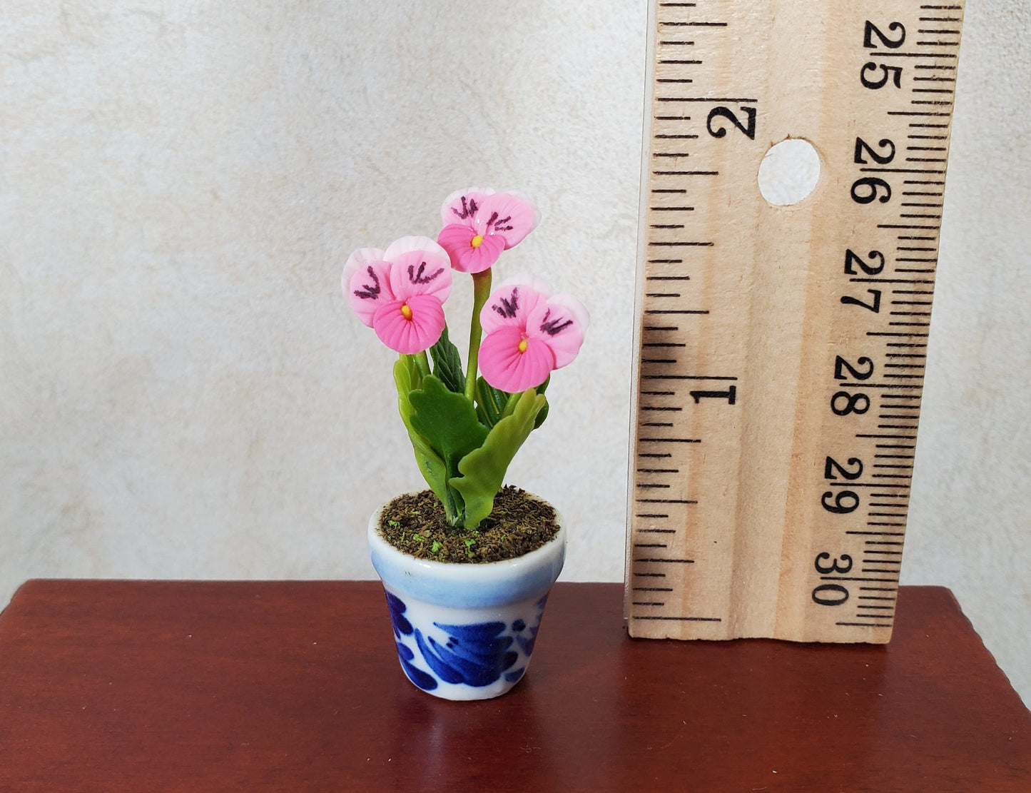 Dollhouse Potted Pink Pansies Flower 1:12 Scale Miniature Blue White Ceramic Pot