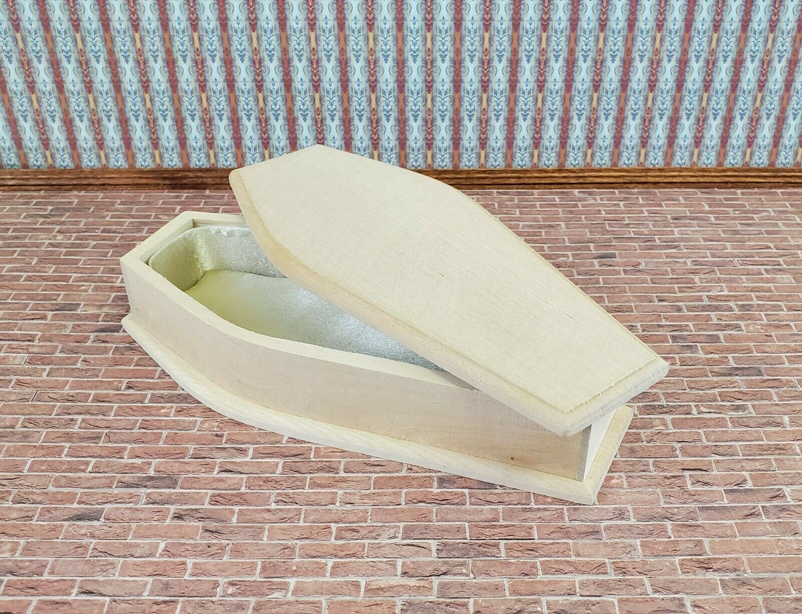 Dollhouse Miniature Coffin Opens Lined Unpainted Wood 1:12 Scale 6 3/4"