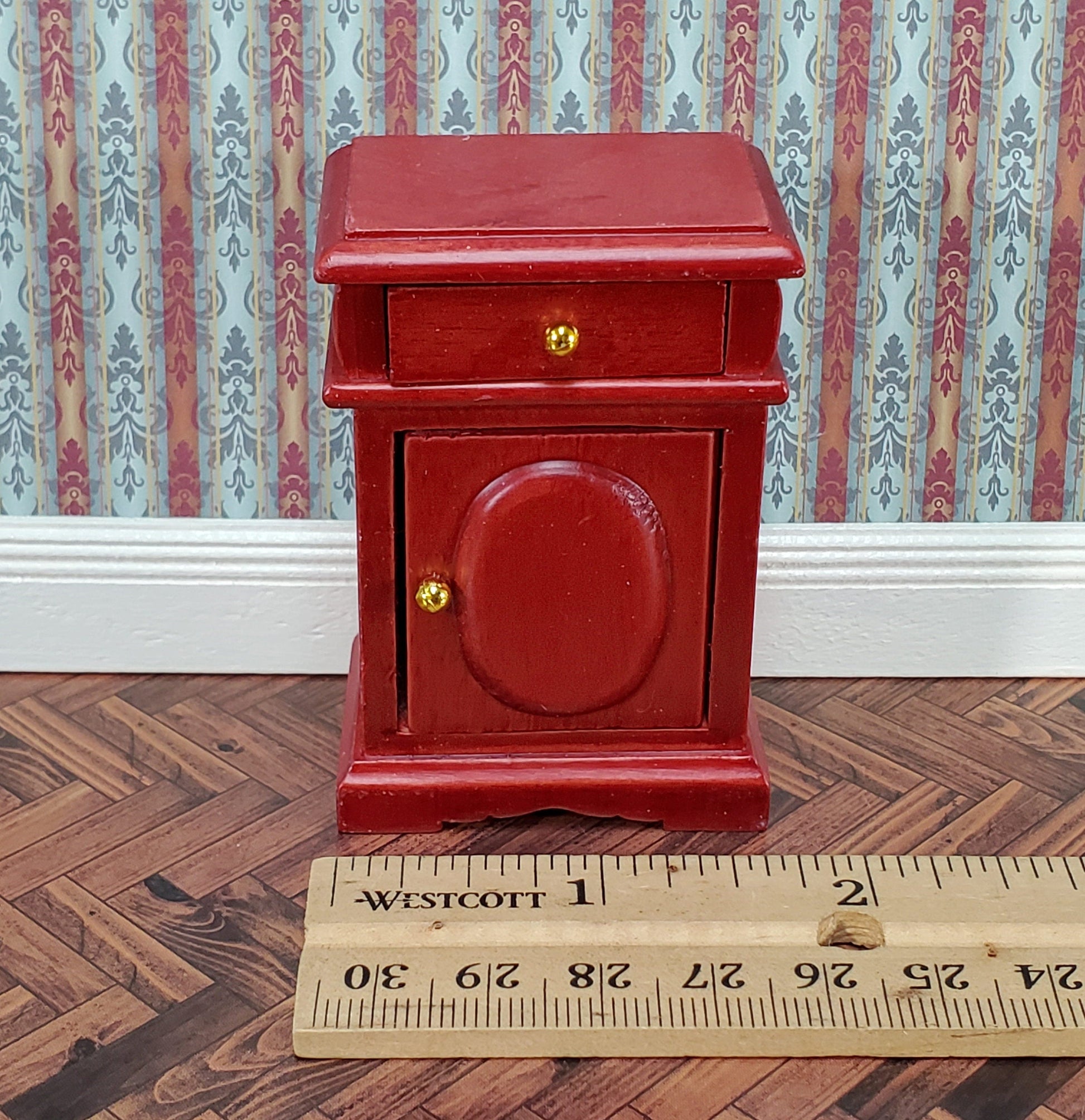 Dollhouse Nightstand Side Table Mahogany Opening Door & Drawer 1:12 Scale Miniature Furniture