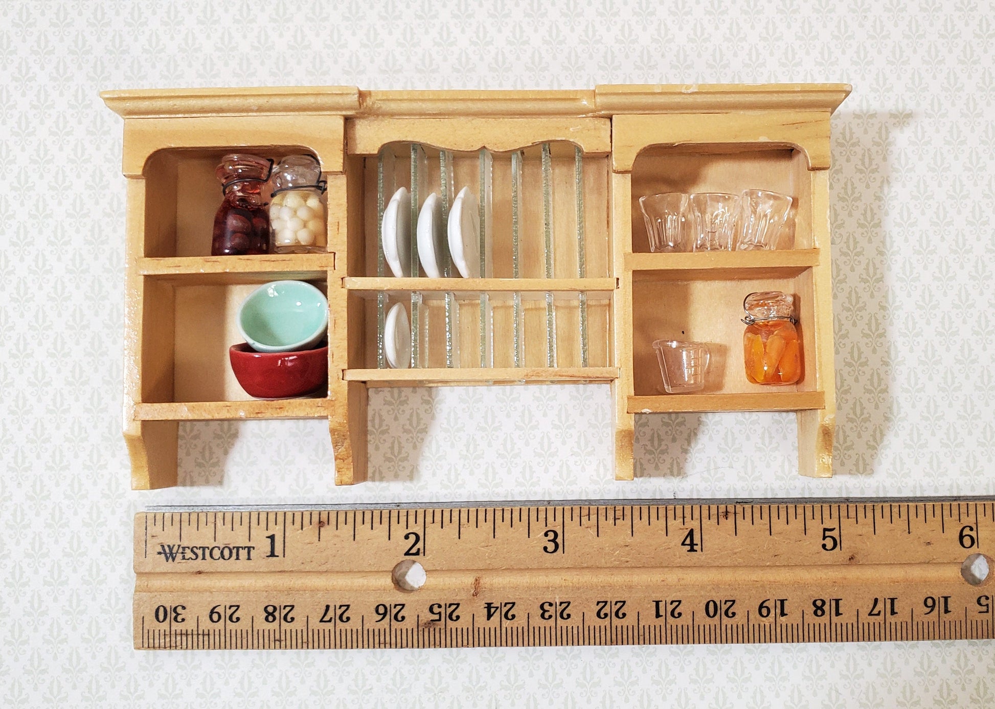 Dollhouse Hanging Shelf with Plate Rack Kitchen Light Oak Finish 1:12 Scale Miniature Furniture