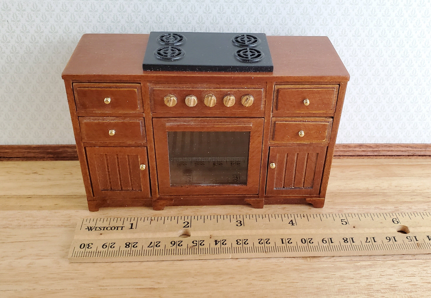 JBM Dollhouse Miniature Kitchen Stove Oven Cabinet Walnut 1:12 Scale Cupboard