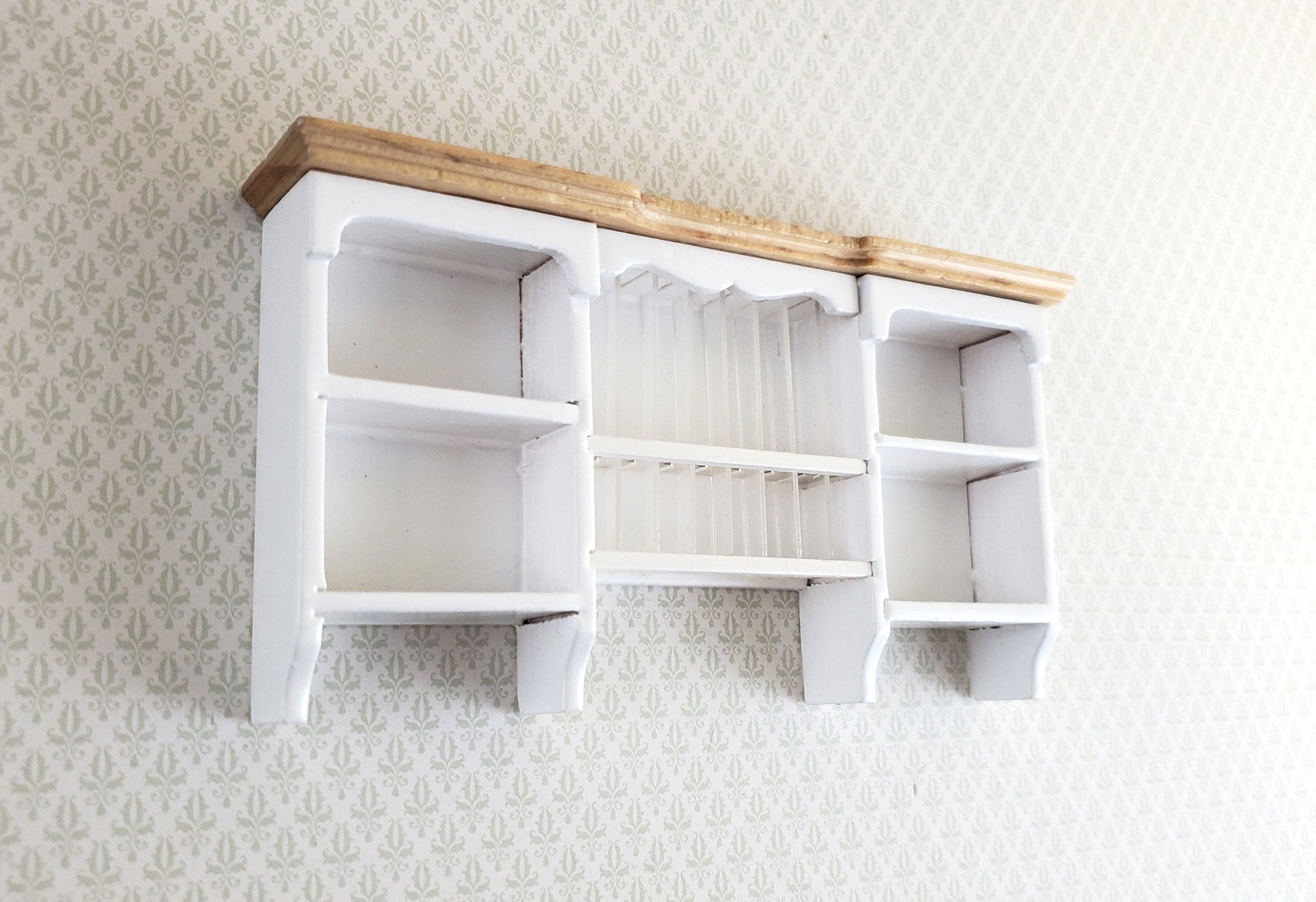 Dollhouse Hanging Shelf with Plate Rack Kitchen White Wood 1:12 Scale Miniature