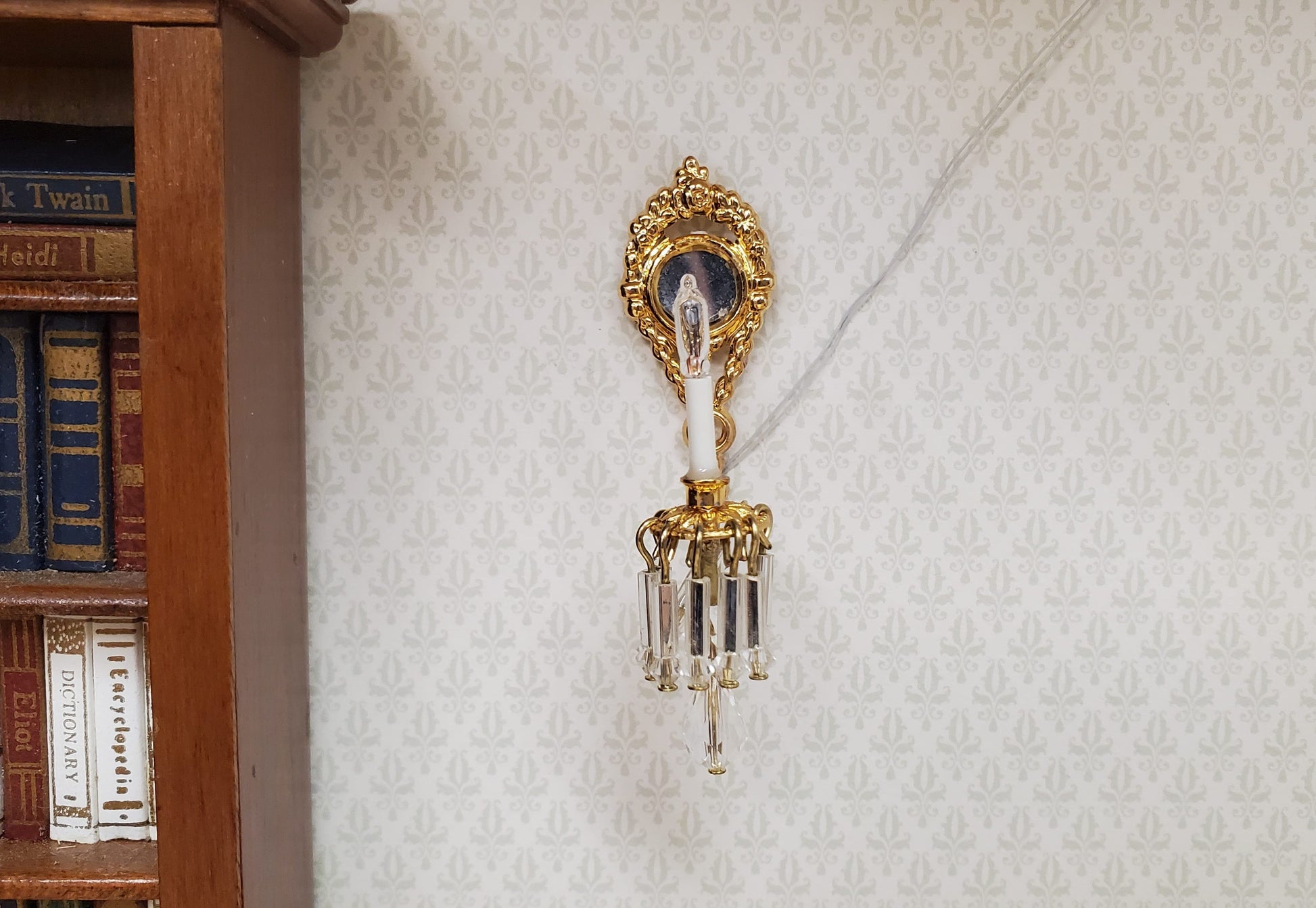 Dollhouse Crystal Wall Sconce with Pendant 12 Volt 1:12 Scale Miniature Handmade