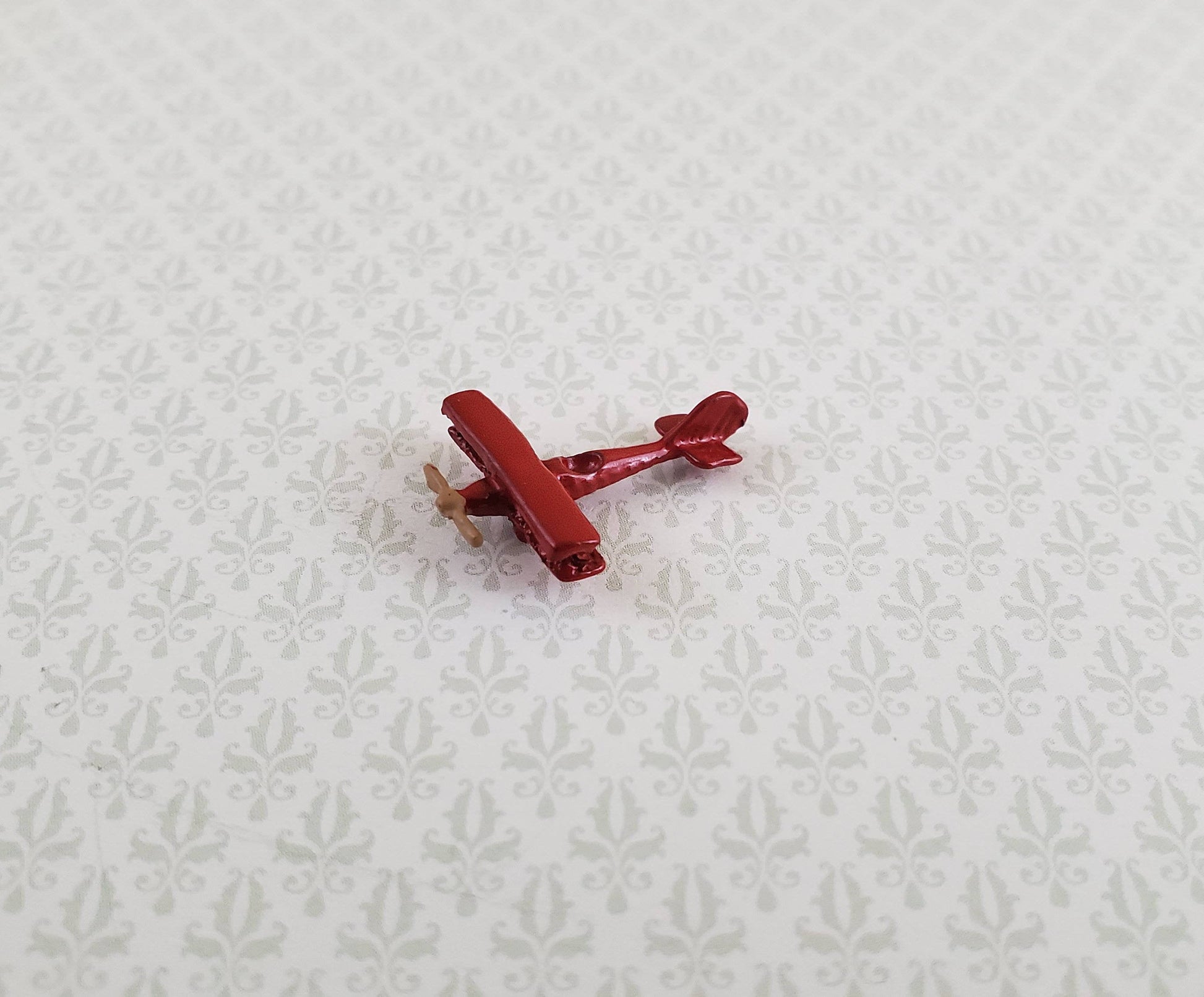 Dollhouse Miniature Bi-Plane Airplane Toy Tiny Red Painted Metal 1:12 Scale Plane