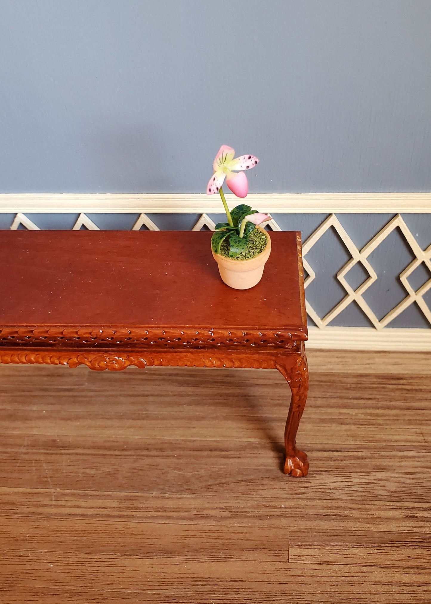 Dollhouse Miniature Potted Orchid Pink & White Flowering Plant in Clay Pot 1:12 Scale