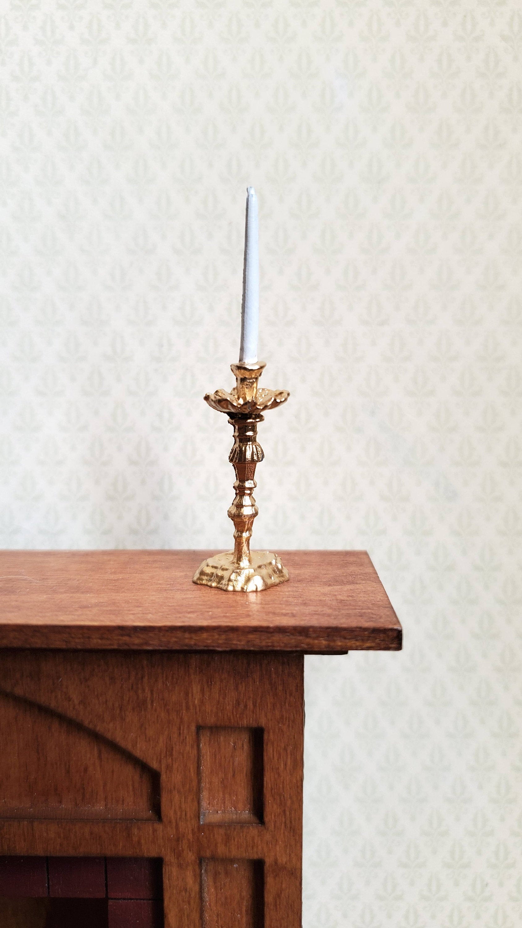 Dollhouse Miniature Tall Gold Candlestick Holder with White Candle 1:12 Scale Metal