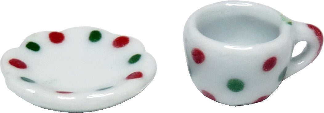 Dollhouse Ceramic Coffee Tea Cup with Saucer Dots Motif 1:12 Scale Miniature