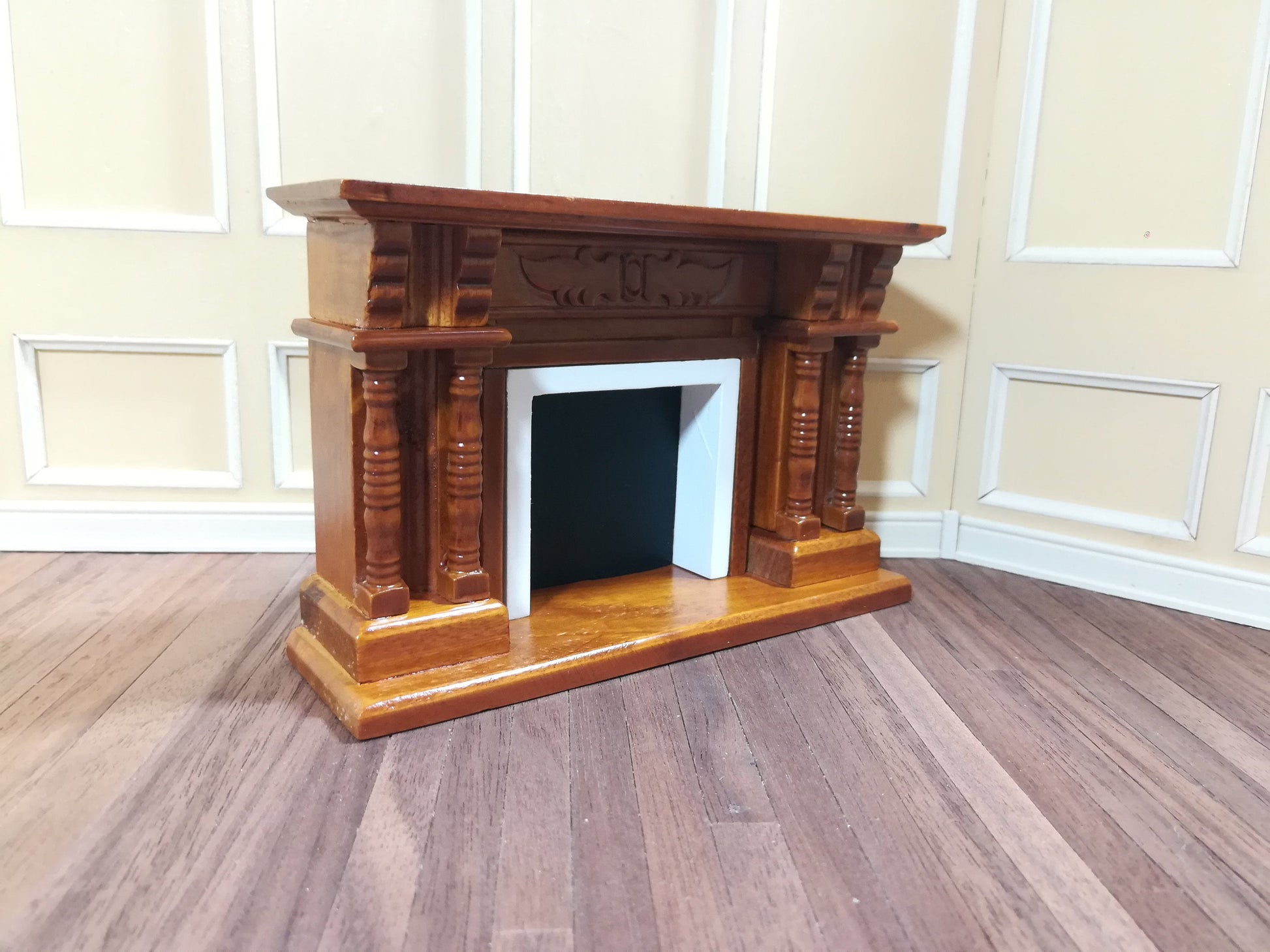 Dollhouse Miniature Fireplace with Columns Walnut Finish 1:12 Scale Furniture