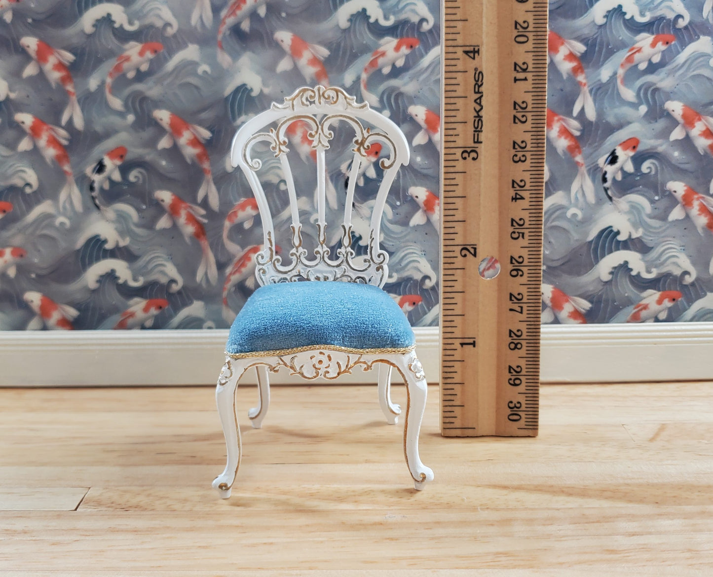 JBM Dollhouse Victorian Dressing Chair White Gold Blue 1:12 Scale Furniture