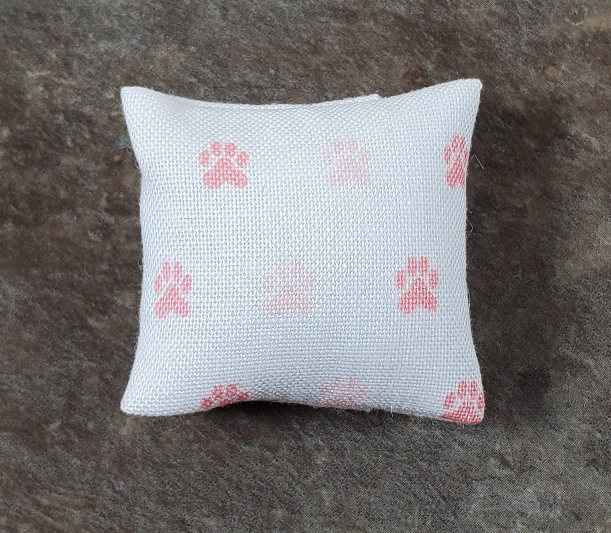 Dollhouse Pillow with Paw Prints White and Pink Handmade 1:12 Scale Miniature