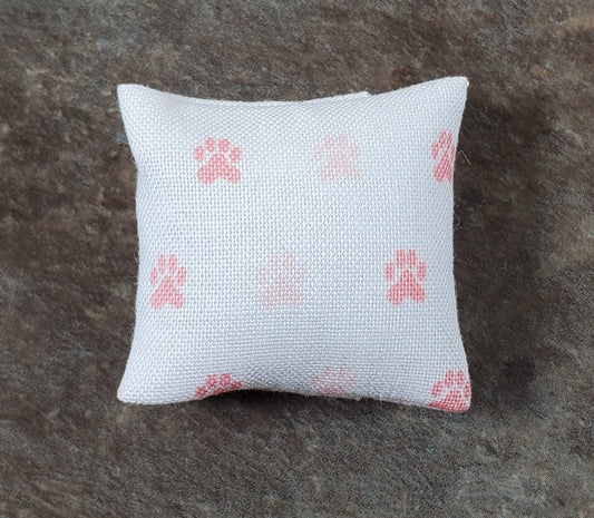 Dollhouse Pillow with Paw Prints White and Pink Handmade 1:12 Scale Miniature