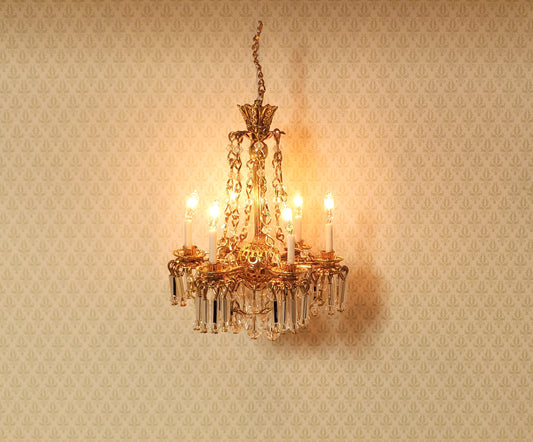 Dollhouse Crystal Chandelier with Drapes 6 Arm Real Glass 12 Volt 1:12 Scale