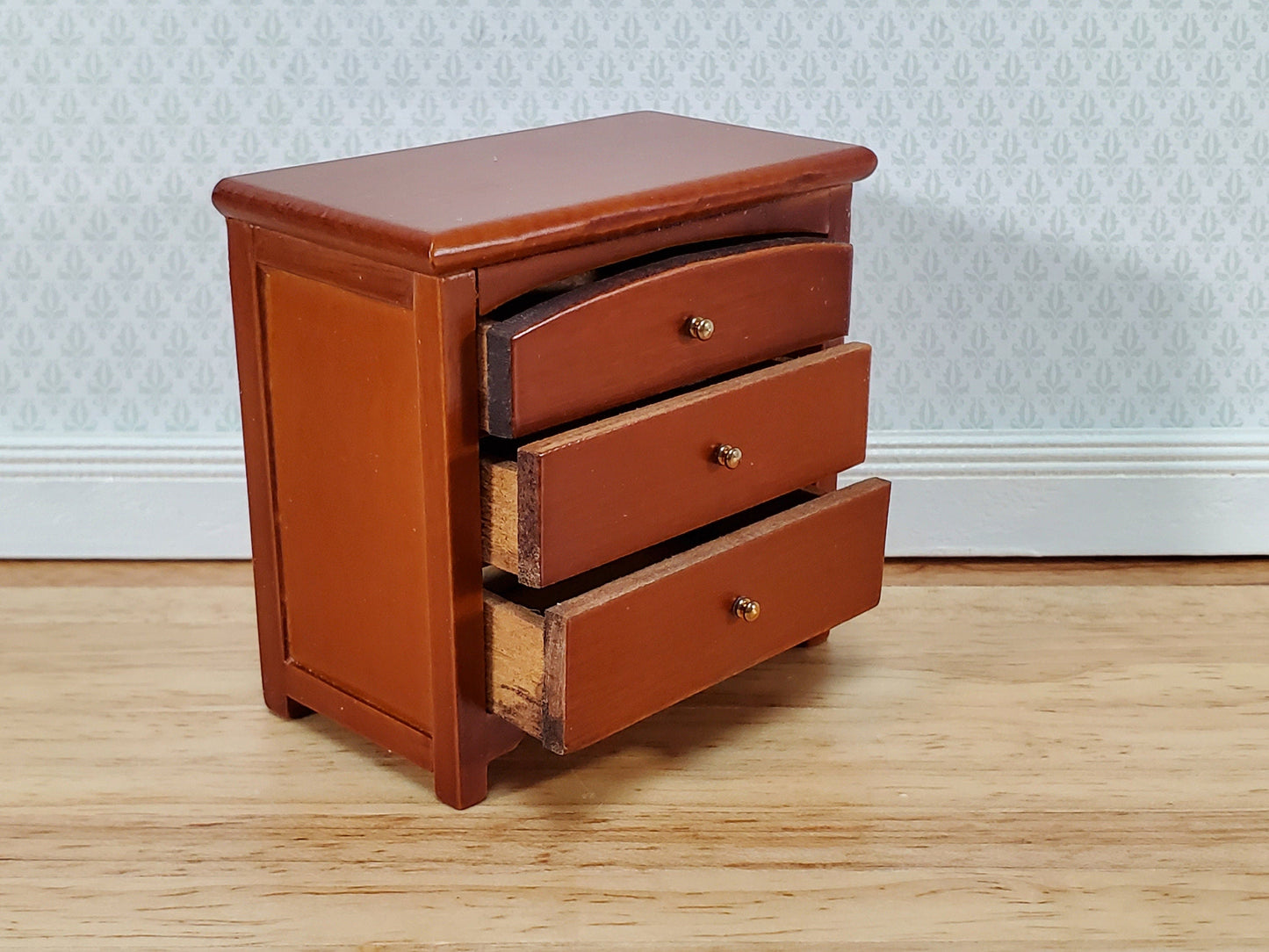 Dollhouse Modern Night Stand Dresser 3 Drawer Walnut Finish 1:12 Scale Miniature Furniture