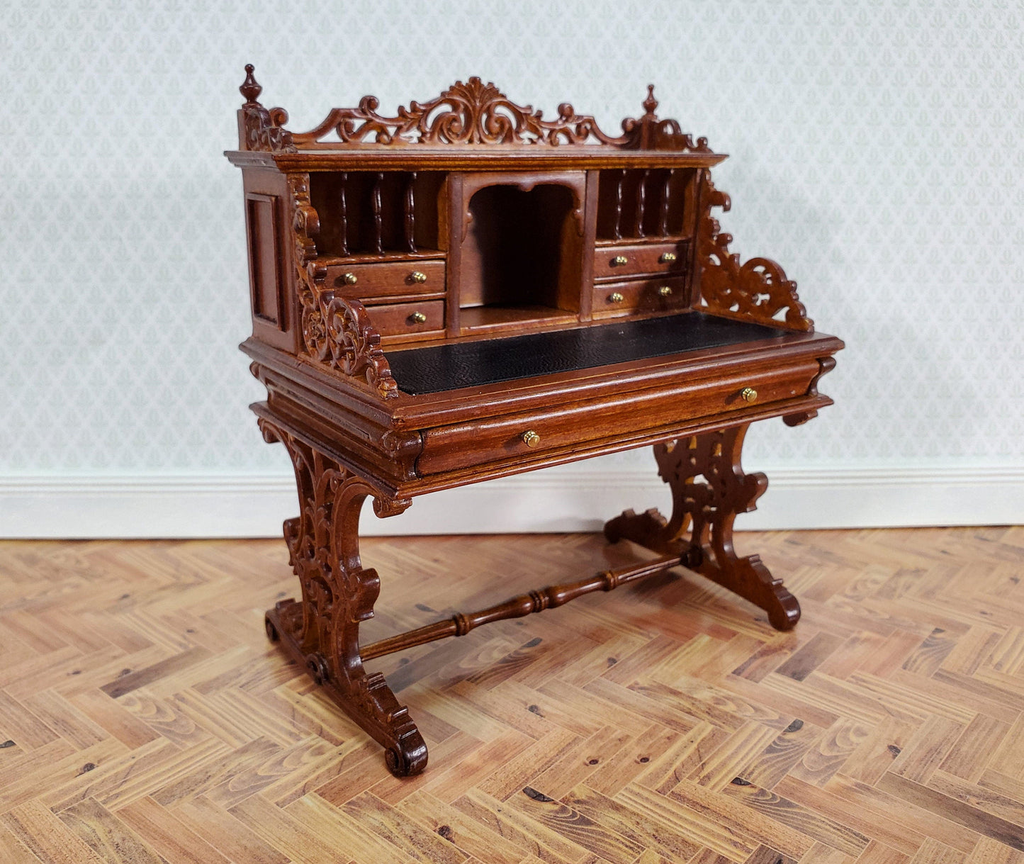 JBM Dollhouse Desk Italian Renaissance Style Furniture 1:12 Scale Miniature Walnut Finish
