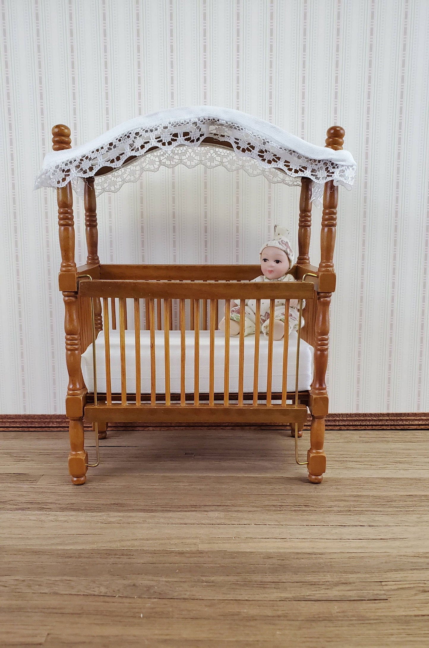 Dollhouse Miniature Canopy Crib Walnut Finish 1:12 Scale Nursery Furniture