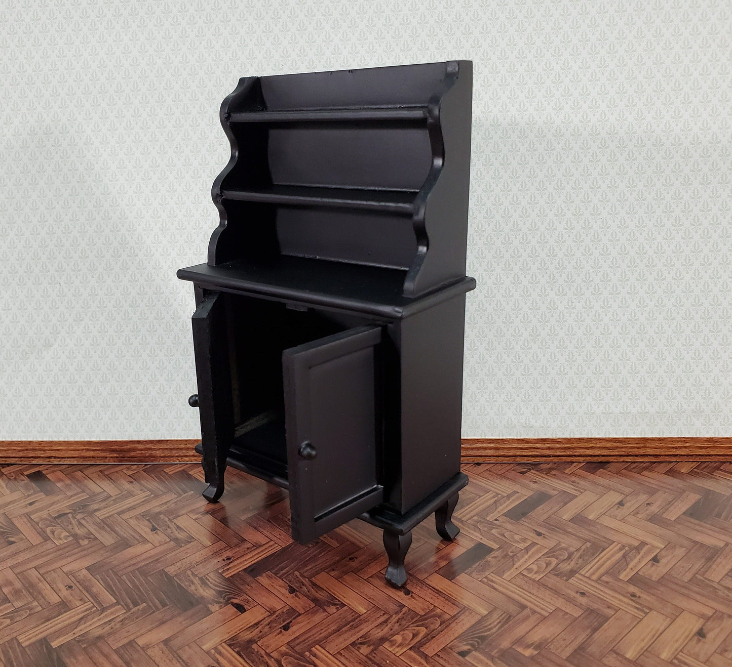 Dollhouse Tall Hutch Cabinet with Shelves Wood with a Black Finish 1:12 Scale Miniature Furniture