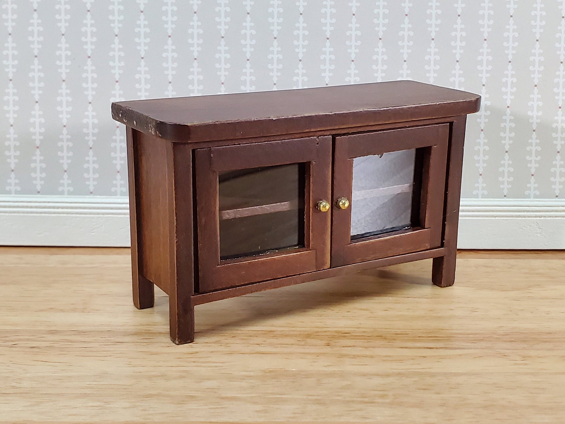Dollhouse TV Media Stand Low Cabinet Modern Style Walnut Finish 1:12 Scale Miniature Furniture