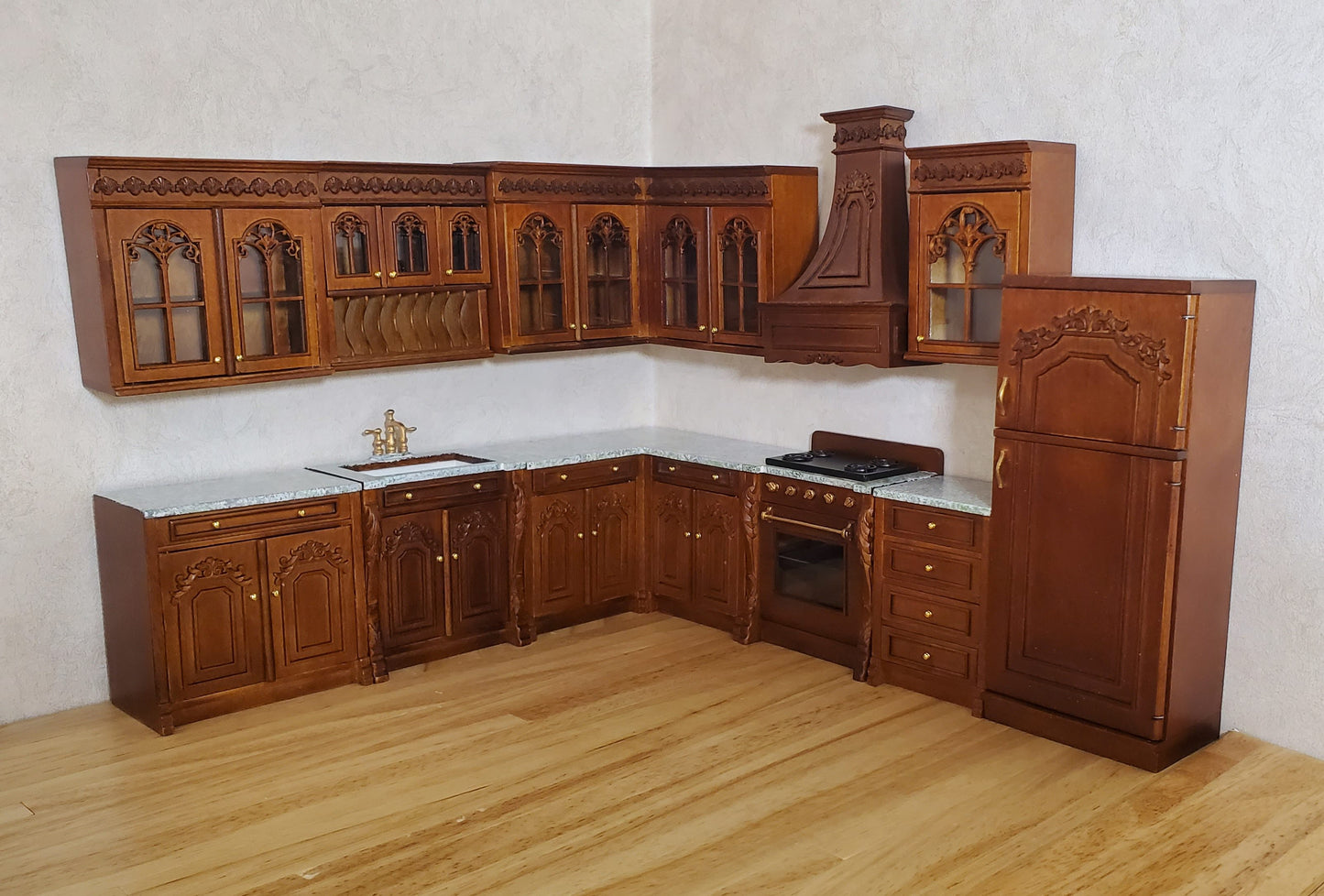 JBM Dollhouse Deluxe Kitchen Set 12 Pcs Stove Sink Cupboards Fridge Walnut 1:12