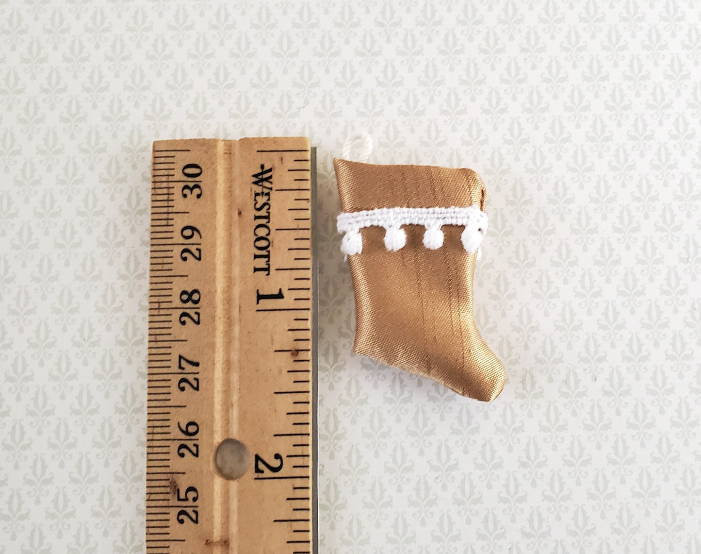Dollhouse Miniature Christmas Stocking Gold with White Pompoms Handmade 1:12 Scale