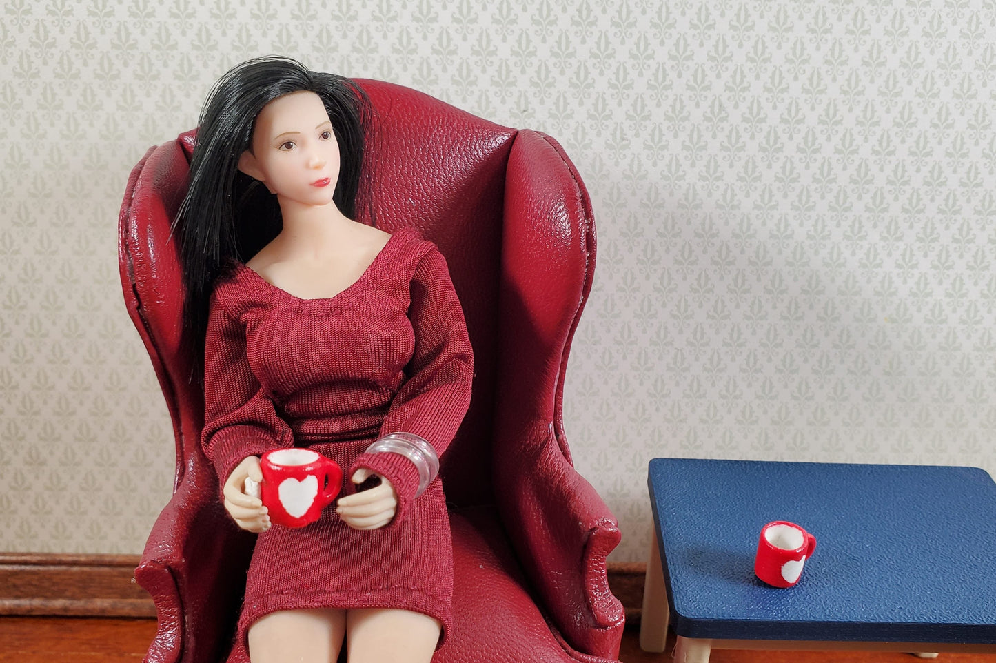 Dollhouse Coffee Mugs Red with White Heart 1:24 Scale Set of 2 Small Dishes