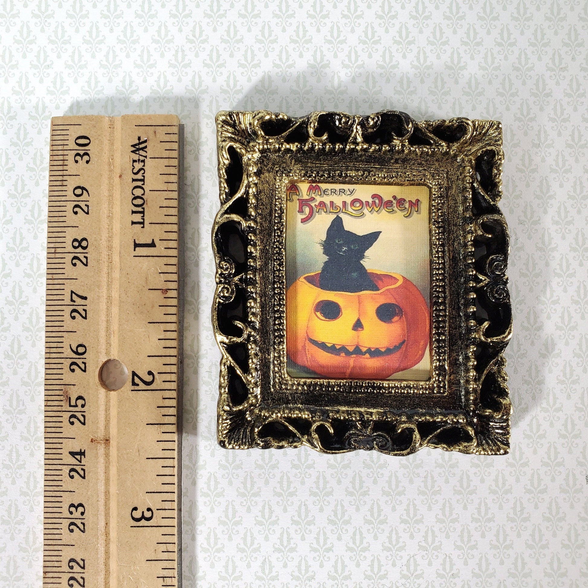 Miniature Vintage Black Cat in Pumpkin Halloween Framed Print 1:12 Scale Witch House
