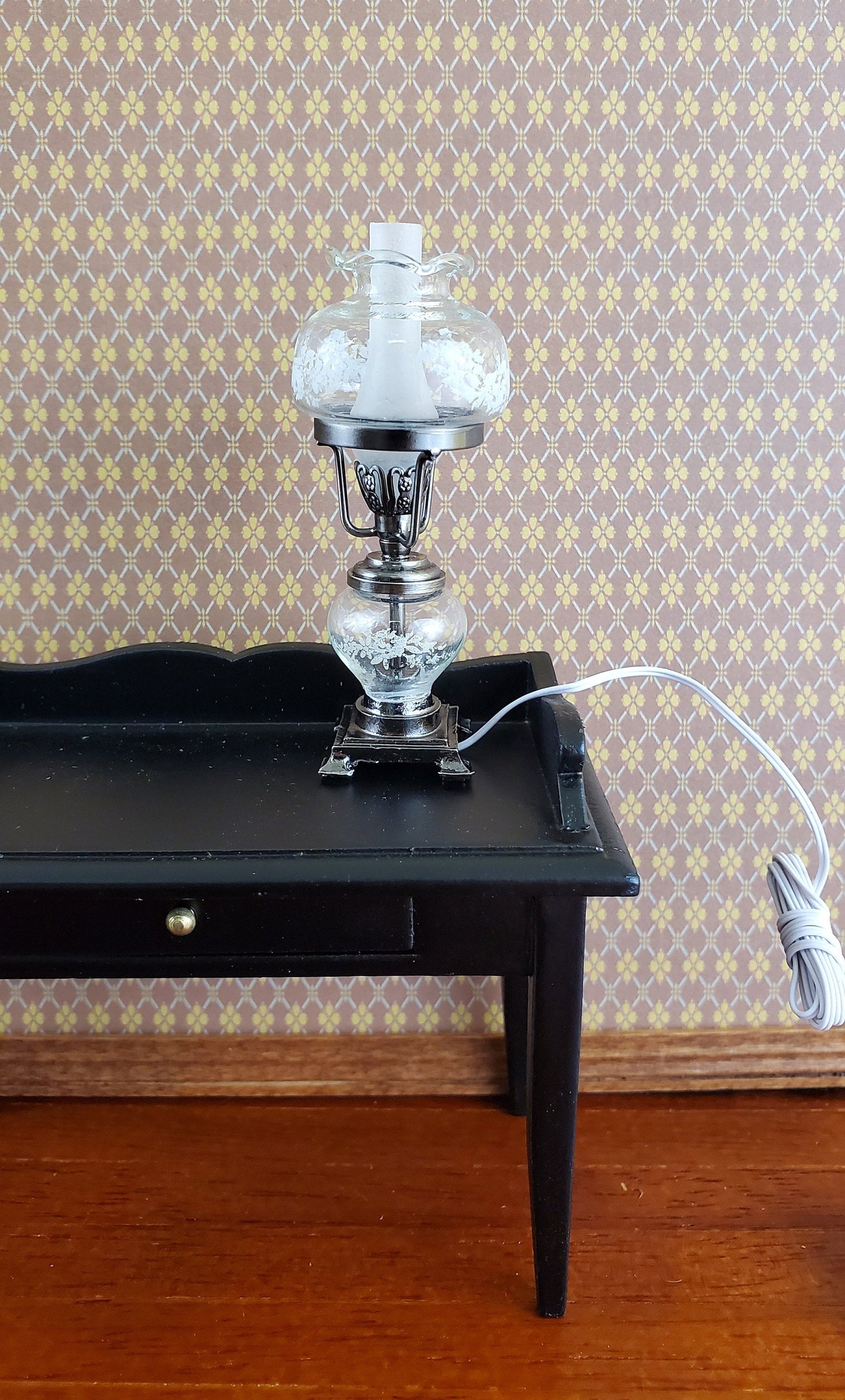 Dollhouse Hurricane Oil Lamp 12 Volt Light w/ Plug 1:12 Scale Vintage Style Pewter Finish