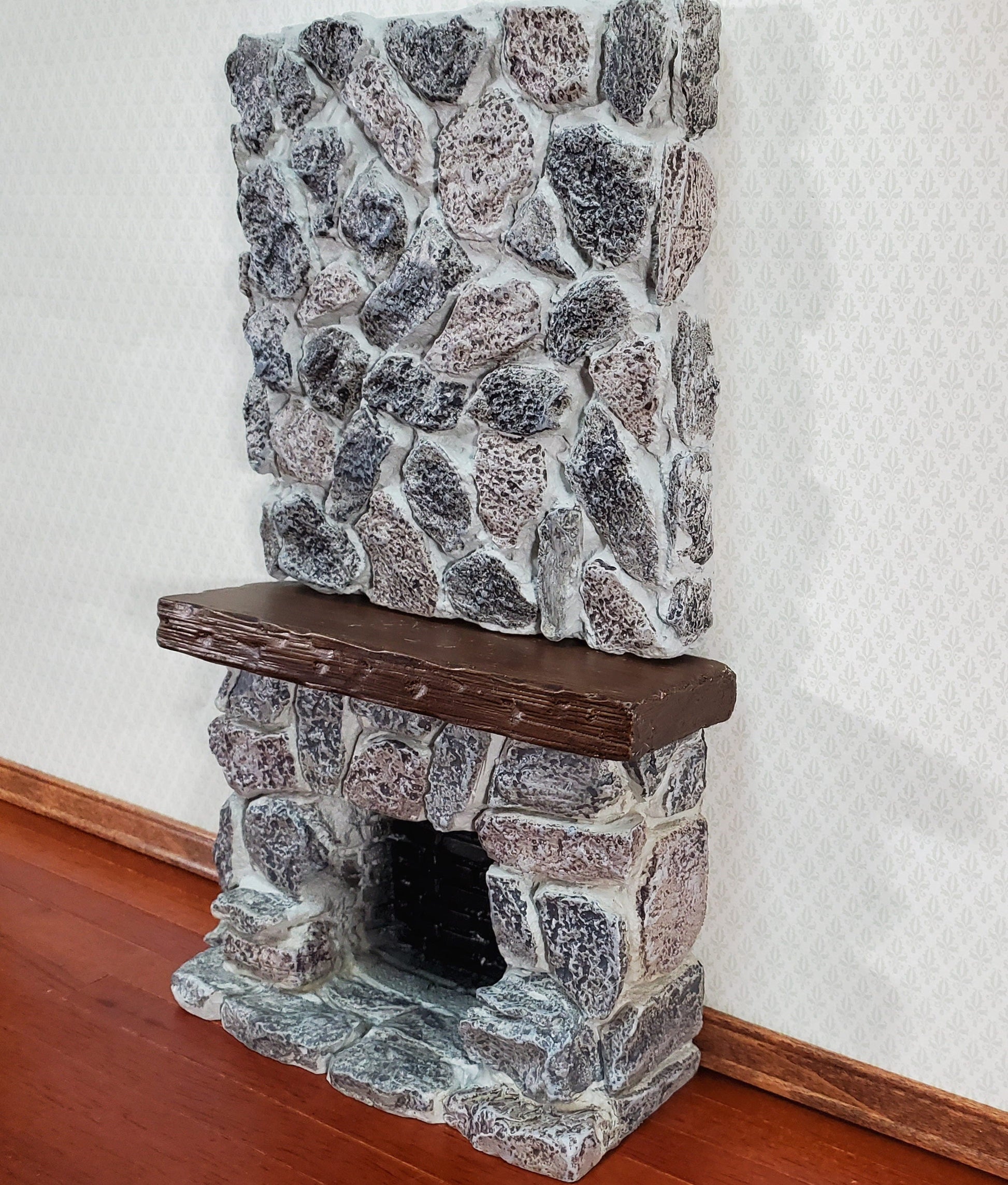 Dollhouse Tall Stone Fireplace Gray Fieldstone Ceiling Height 1:12 Scale Miniature