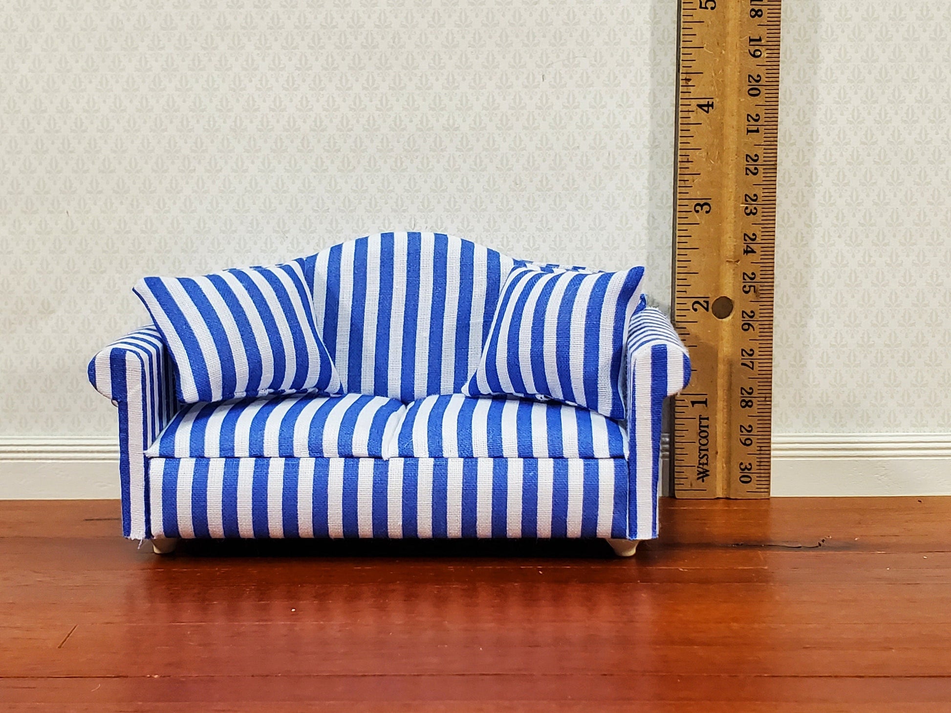 Dollhouse Sofa Couch Modern Blue & White Striped 1:12 Scale Miniature Furniture