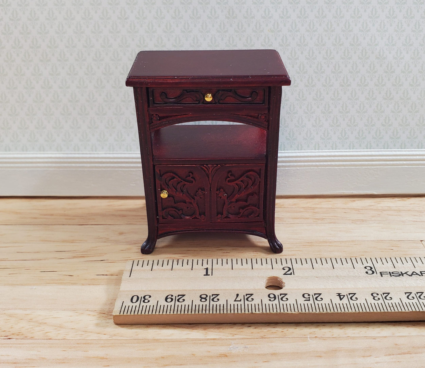 JBM Dollhouse Art Nouveau Side Table Nightstand 1:12 Scale Mahogany Finish
