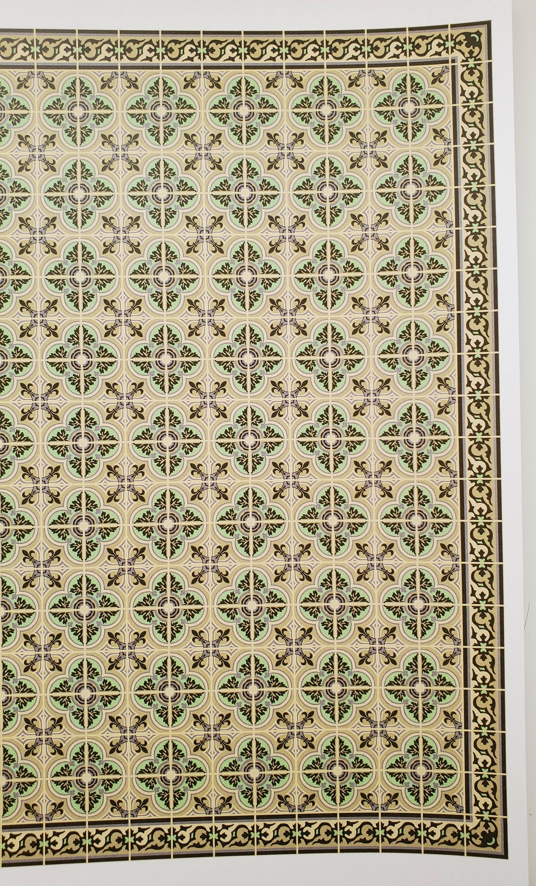 Dollhouse Tile Wallpaper Victorian Beige, Green 1:12 Scale Itsy Bitsy Miniature