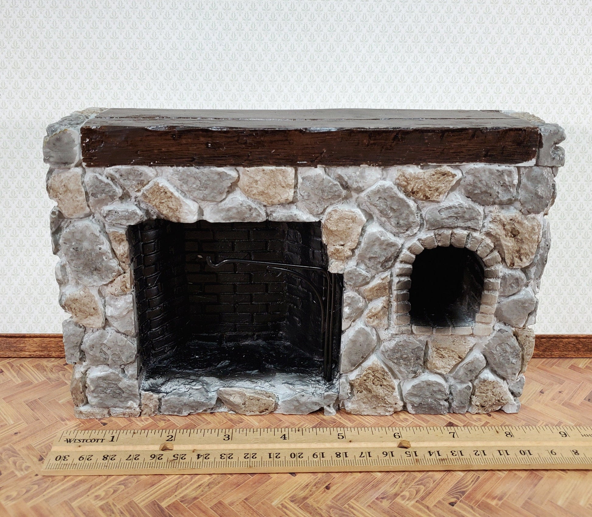 Dollhouse Fireplace Large Stone with Crane Walk-In Style Colonial 1:12 Scale Miniature
