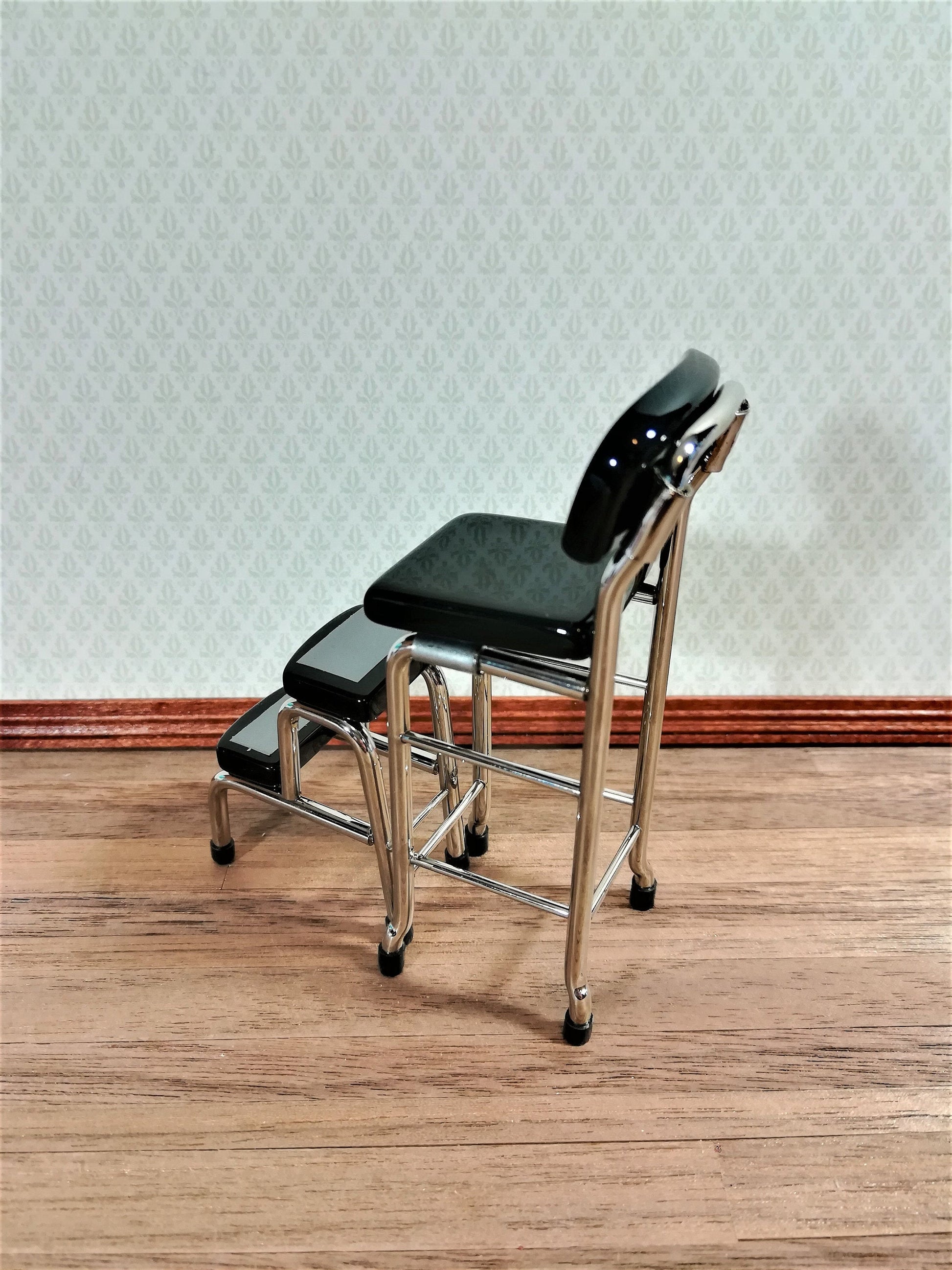 Dollhouse Retro Step Stool Tall Chair 1950s Style Black 1:12 Scale Miniature