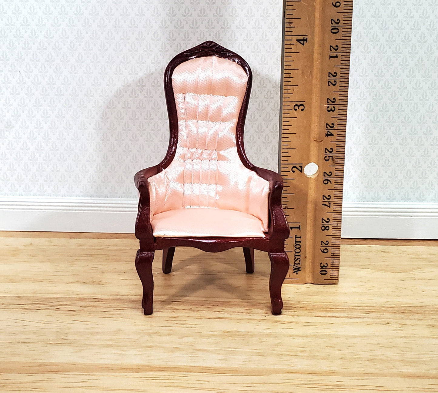 Dollhouse Gentlemen's Chair Victorian Pink & Mahogany Finish 1:12 Scale Miniature Furniture