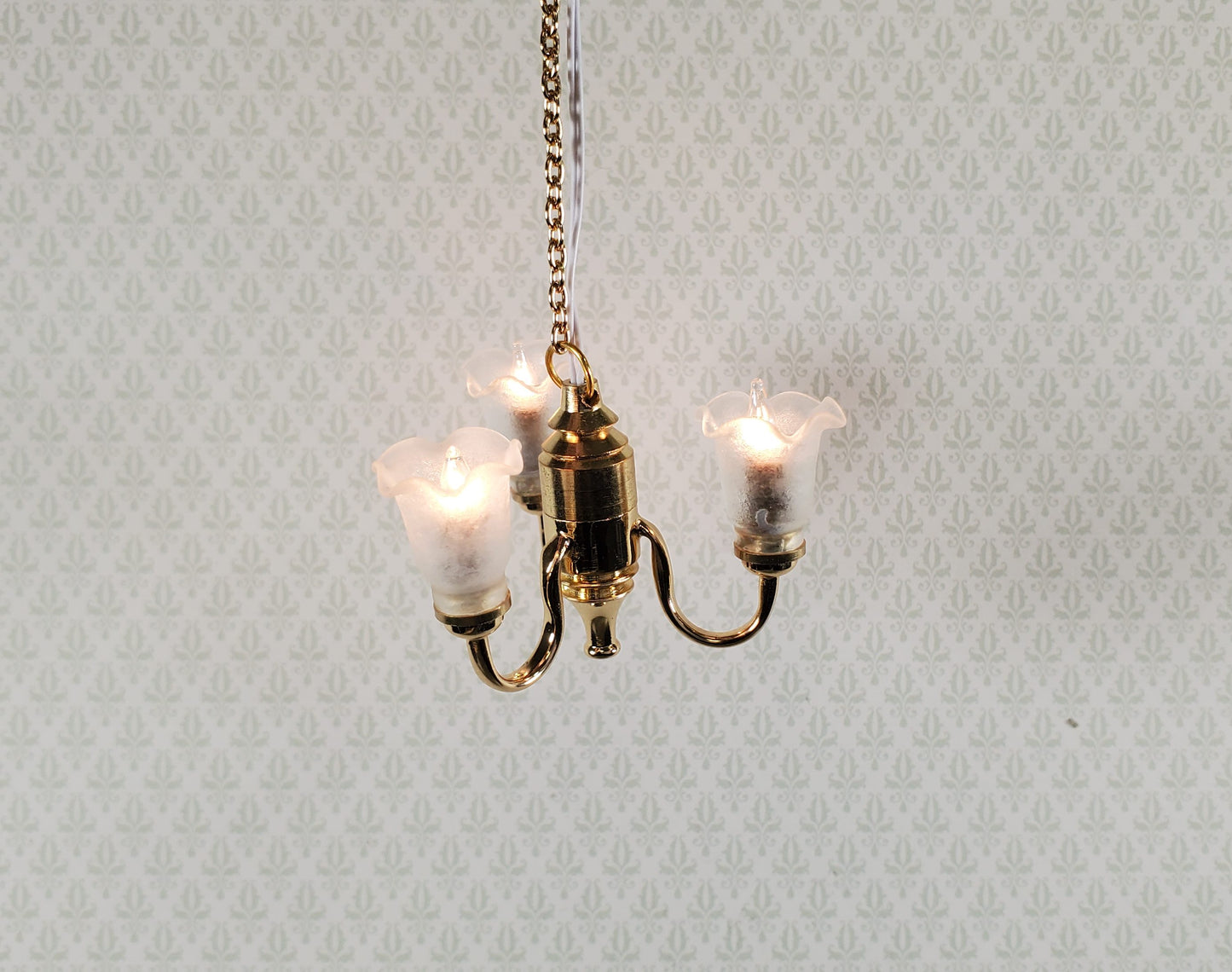 Dollhouse 3 Arm Flower Chandelier Light 12 Volt Electric with Plug 1:12 Scale