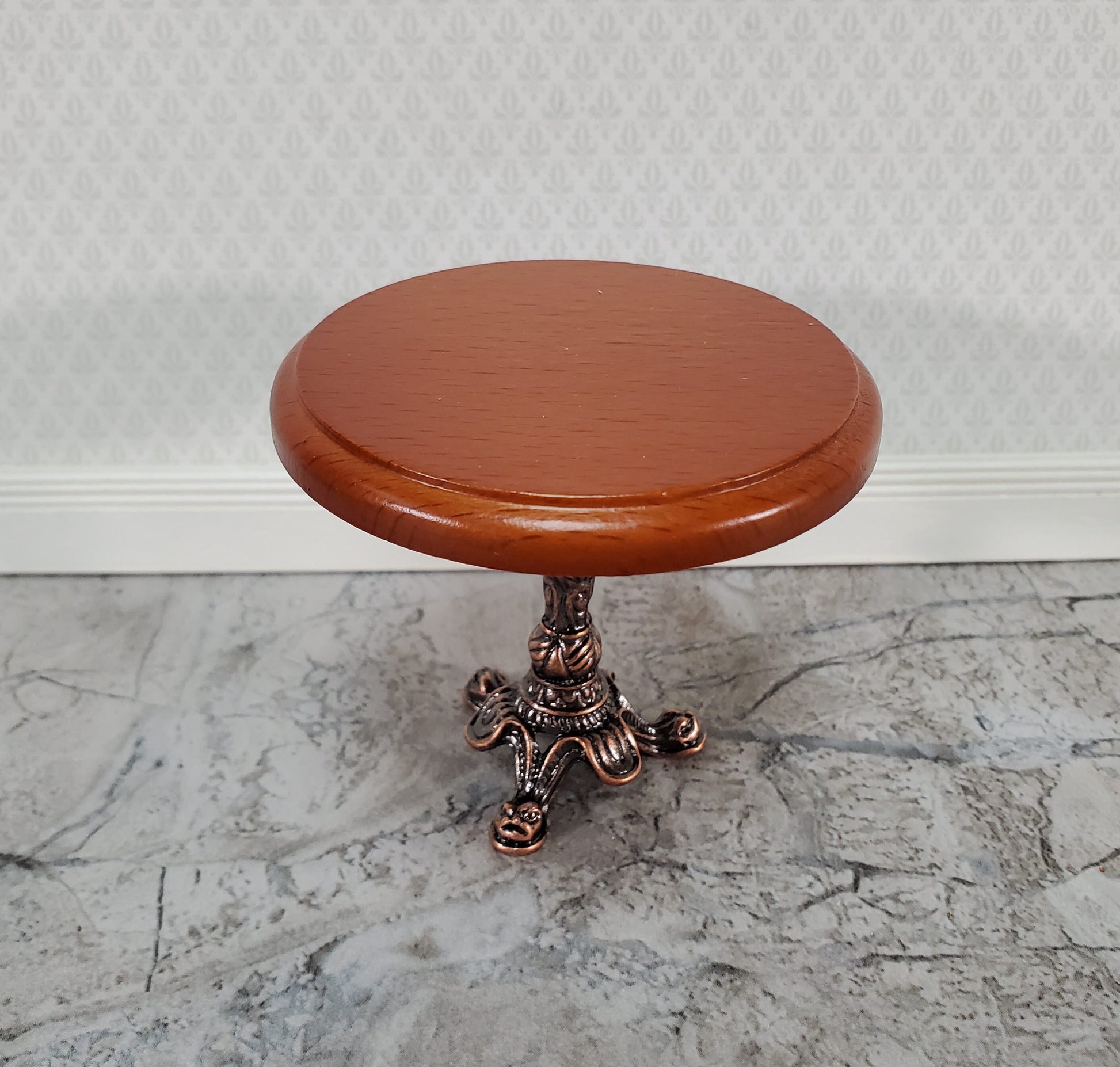Dollhouse Accent Table with Metal Base Walnut Top Small Round 1:12 Scale Miniature