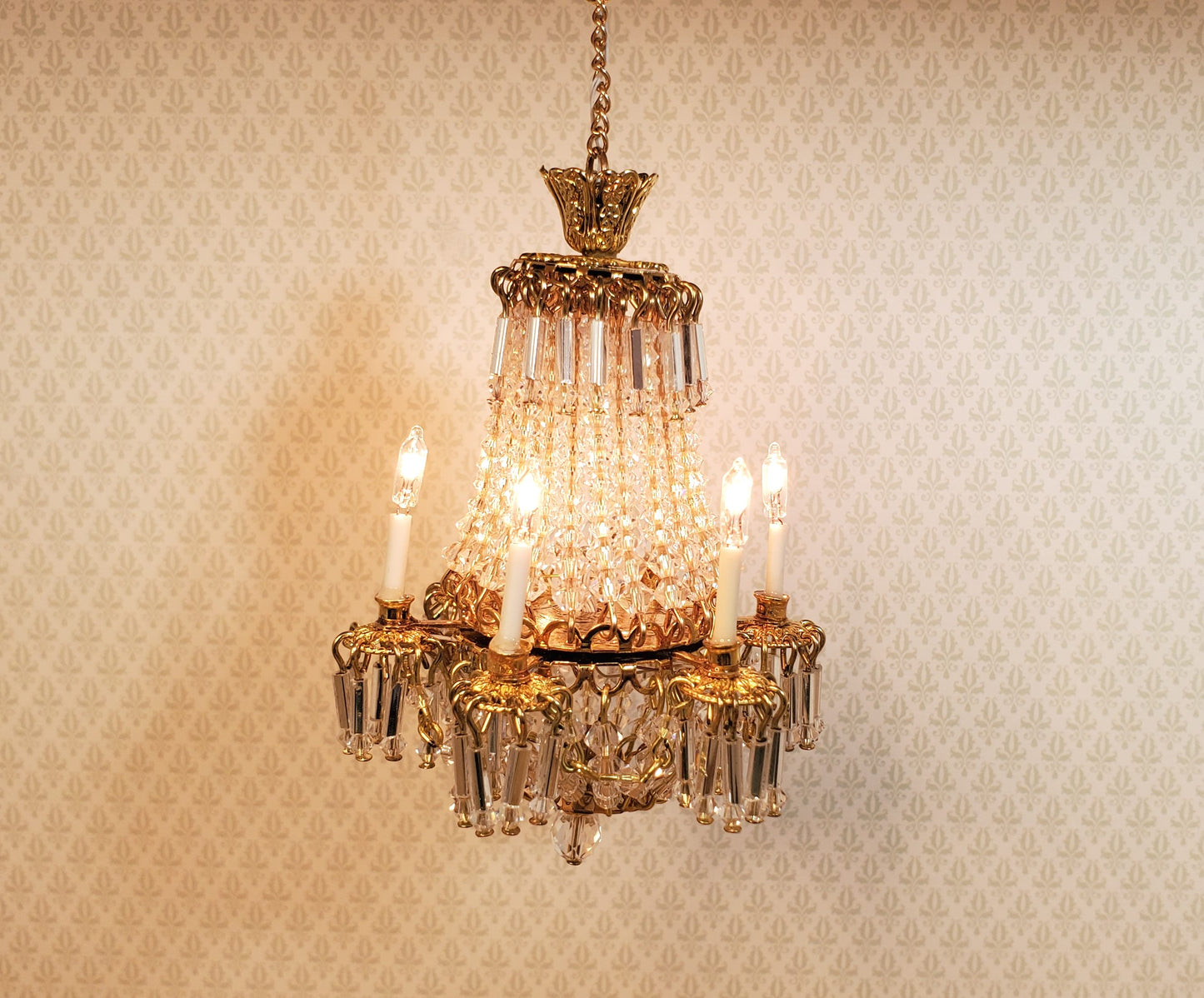 Dollhouse Fancy 6 Arm Grand Chandelier Real Glass Crystals 12 Volt 1:12 Scale