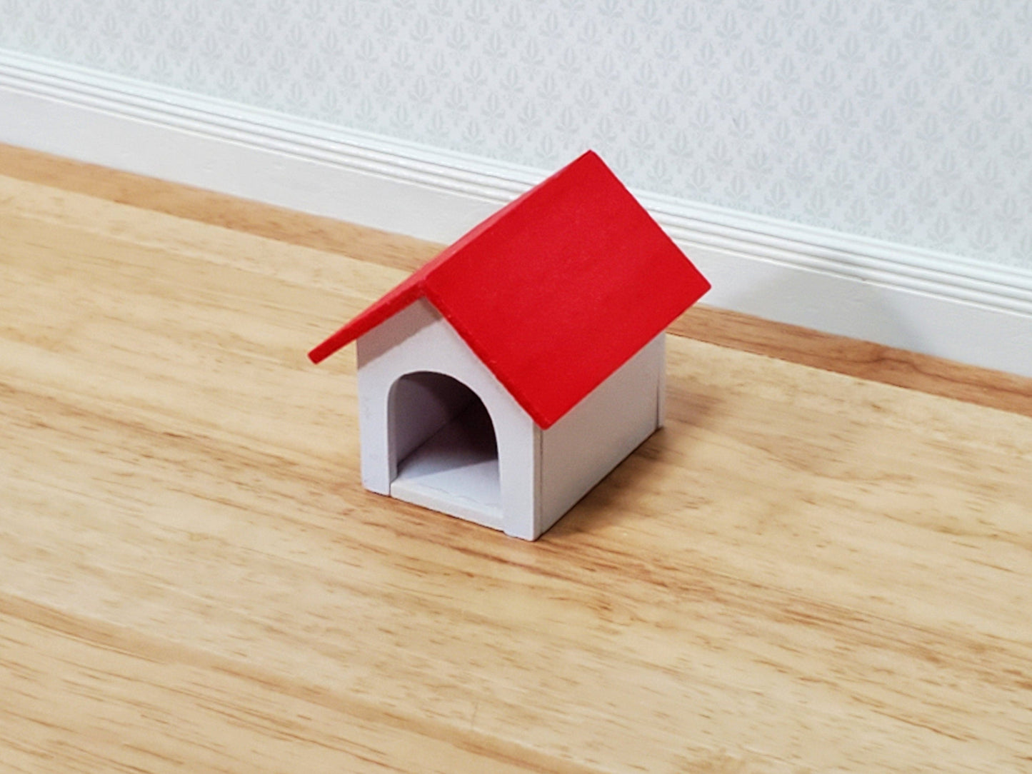 Dollhouse HALF SCALE Dog House Kennel Small Wood 1:14 Scale Miniature Red and White