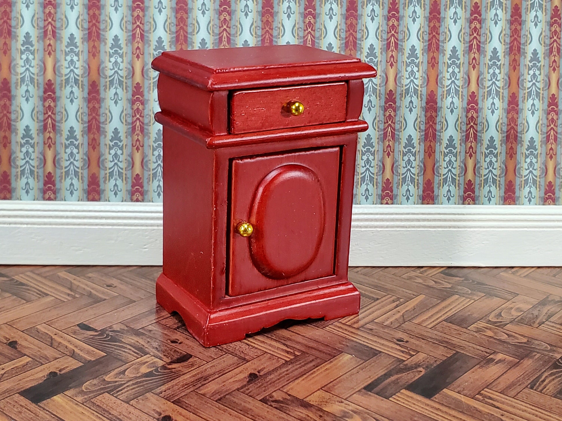 Dollhouse Nightstand Side Table Mahogany Opening Door & Drawer 1:12 Scale Miniature Furniture