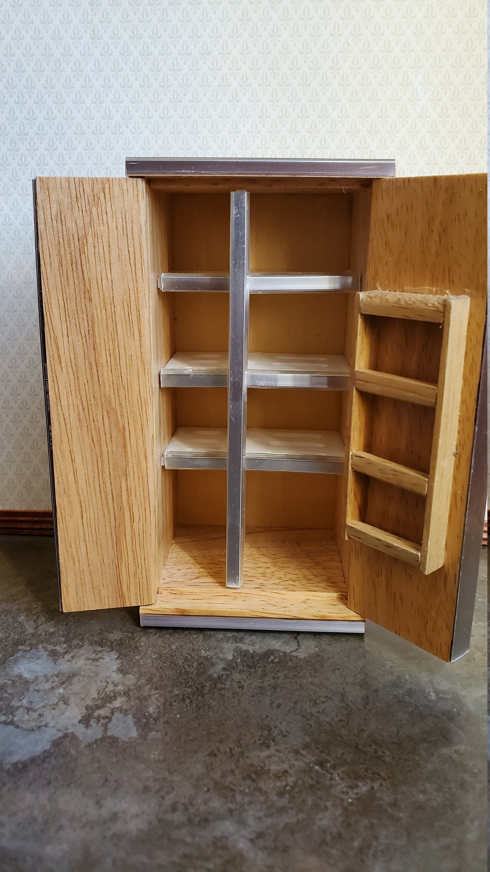 Dollhouse Fridge Modern Refrigerator Oak Finish 1:12 Scale Miniature Wood Furniture