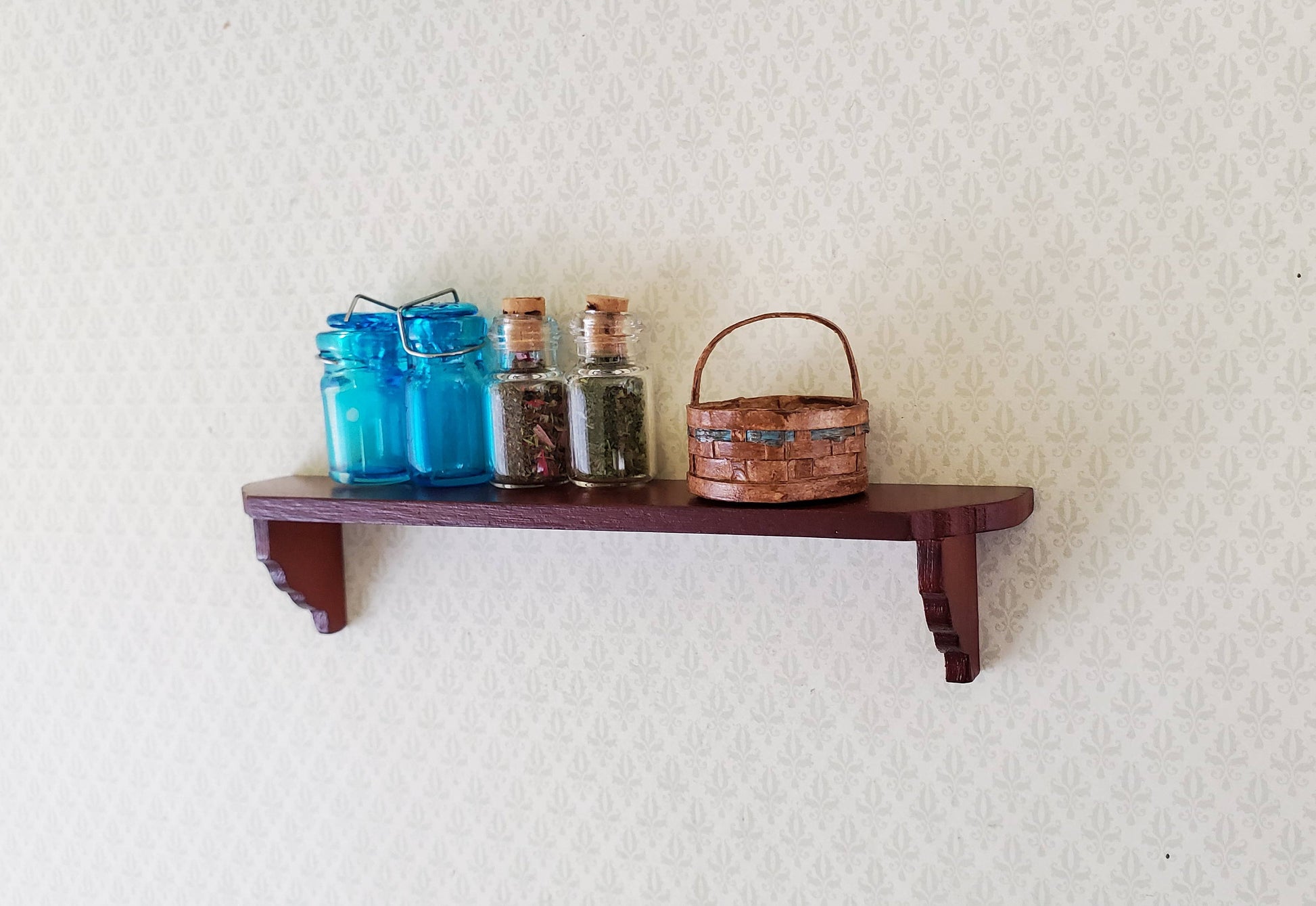 Dollhouse Miniature Wall Shelf Large Wood Mahogany Finish 1:12 Scale 4 3/8"