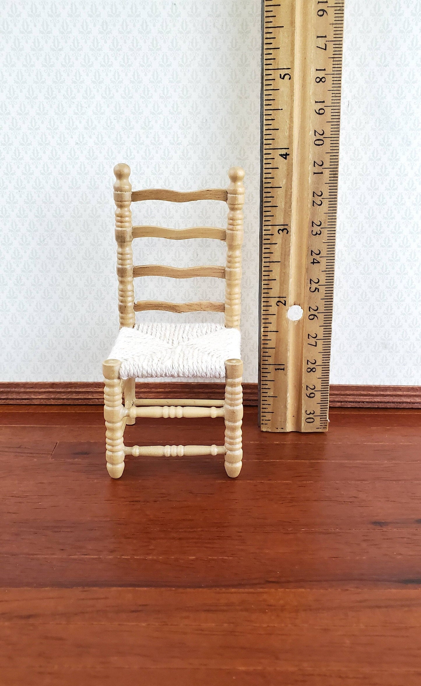 Dollhouse Ladderback Chair Turned Legs Rush Seat Light Oak Finish 1:12 Scale Miniature Furniture
