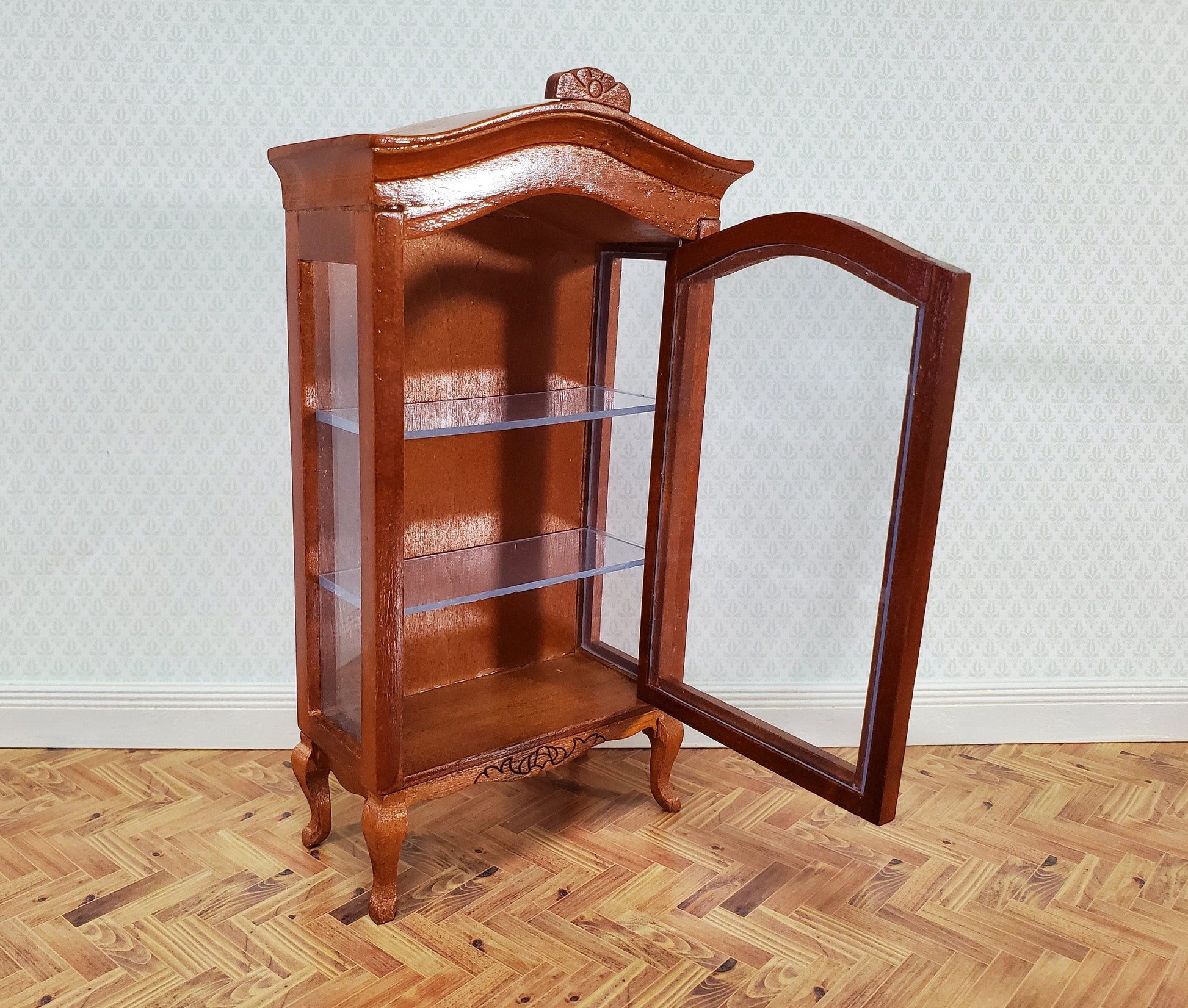 Dollhouse Large Curio Cabinet with Door Walnut Finish 1:12 Scale Miniature Furniture
