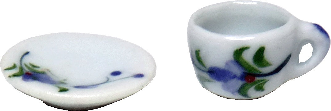 Dollhouse Ceramic Coffee Tea Cup with Saucer Purple Floral 1:12 Scale Miniature